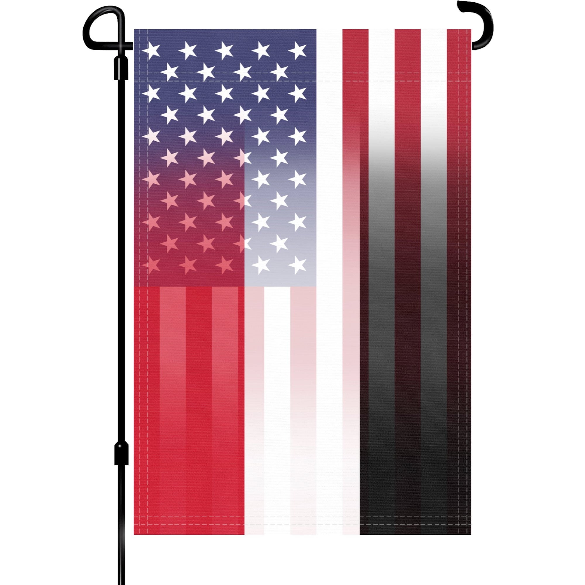 A garden flag on a pole with the Yemeni American flag design seamlessly blended with the American flag.