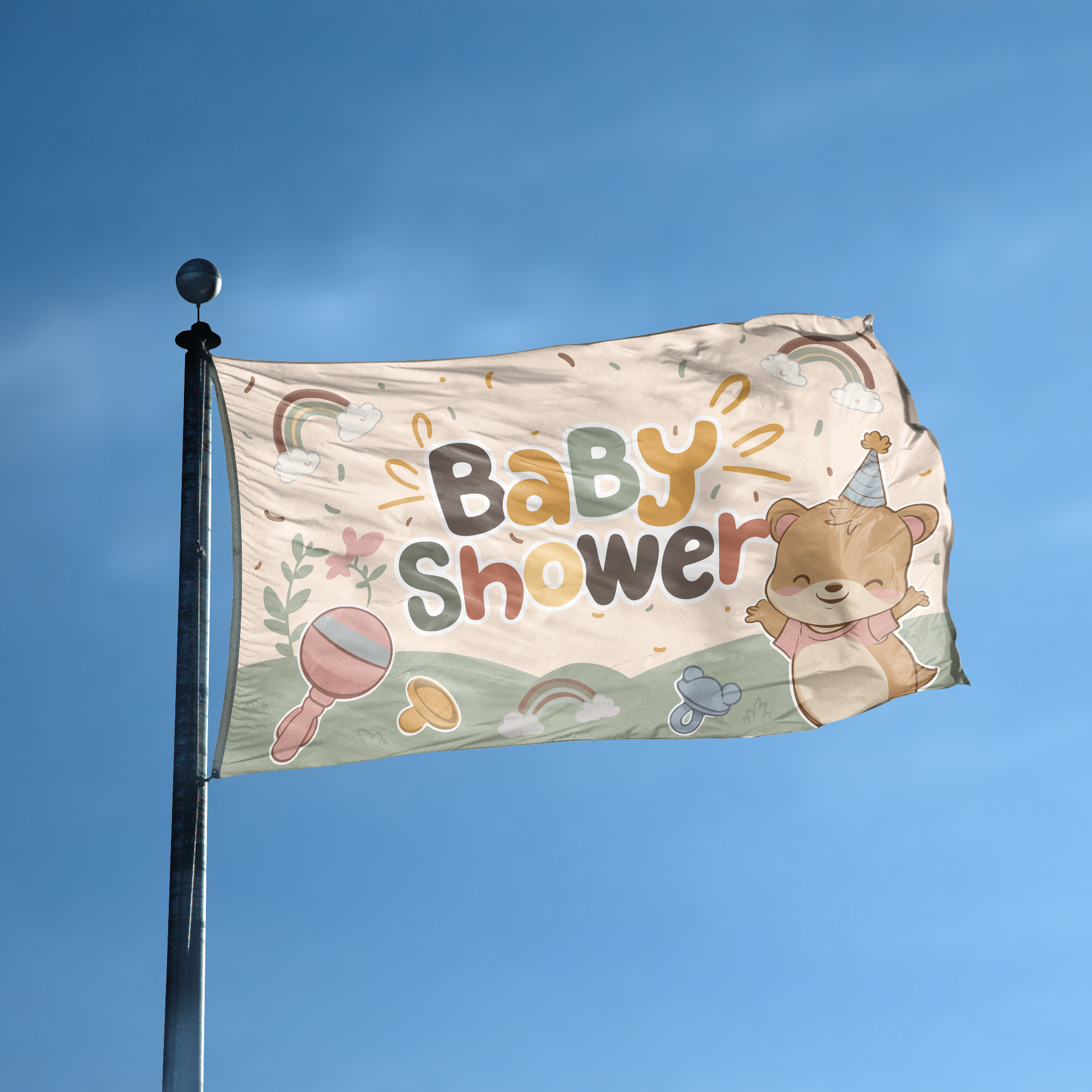 A flag with the saying "Baby Shower" displayed on a high pole, with a special occasion color scheme.