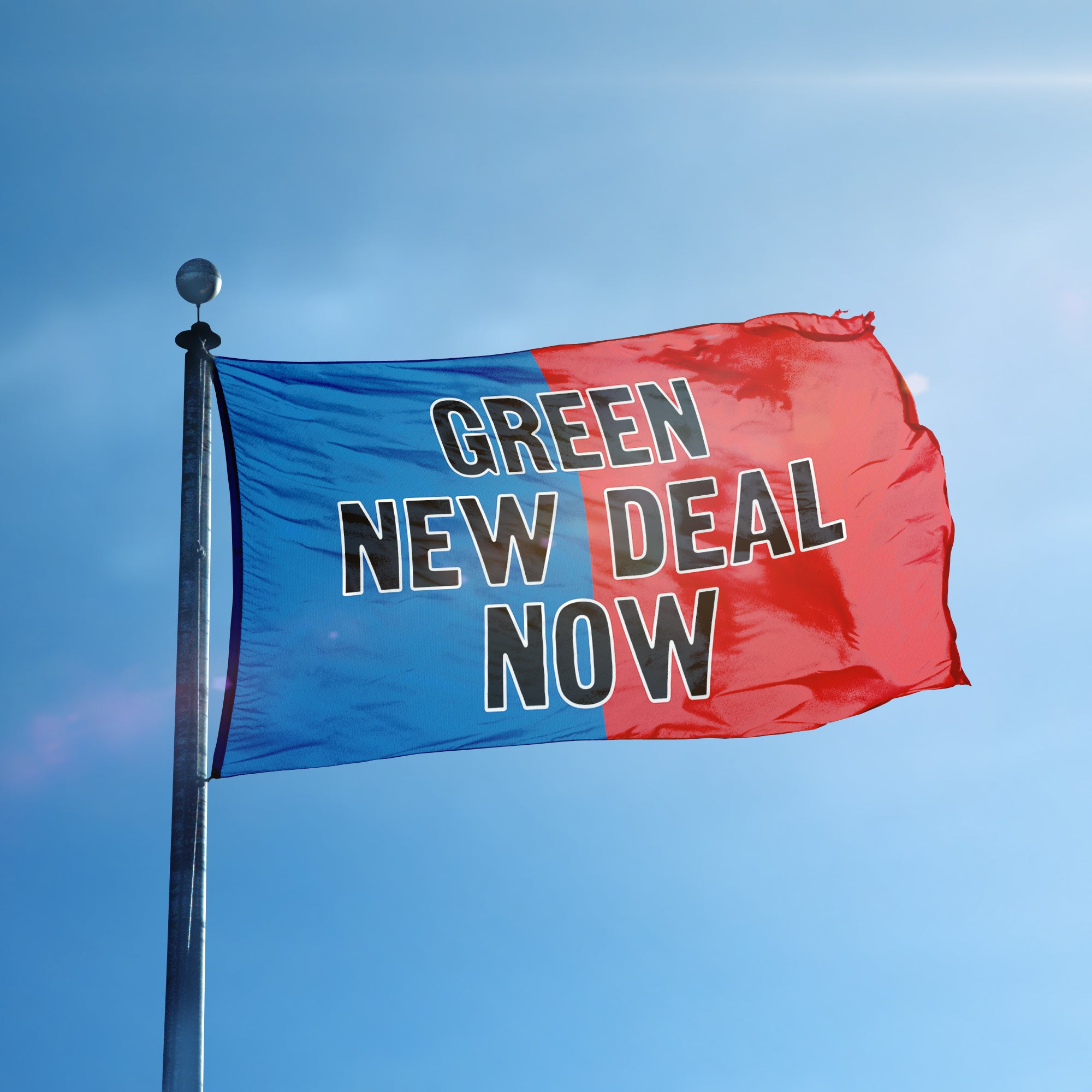 A flag containing a political slogan displayed on a high pole, featuring a patriotic red and blue background.