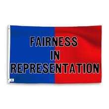 Load image into Gallery viewer, A dual-tone flag containing a political slogan, with a smooth royal blue and deep crimson texture. 
