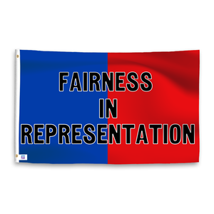 A dual-tone flag containing a political slogan, with a smooth royal blue and deep crimson texture. 