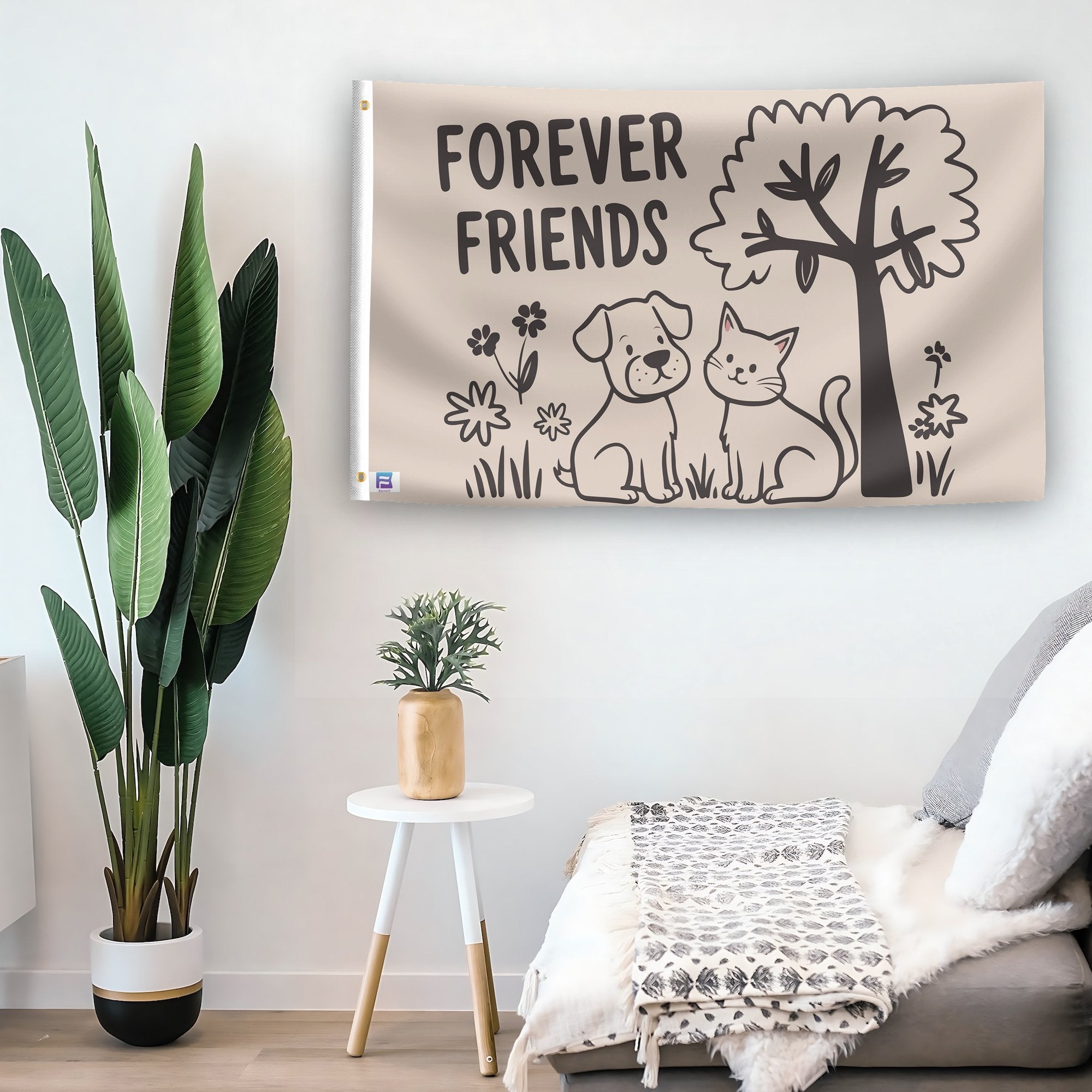 In a home setting, a flag with the saying "Forever Friends" is mounted on a white wall by a side table.