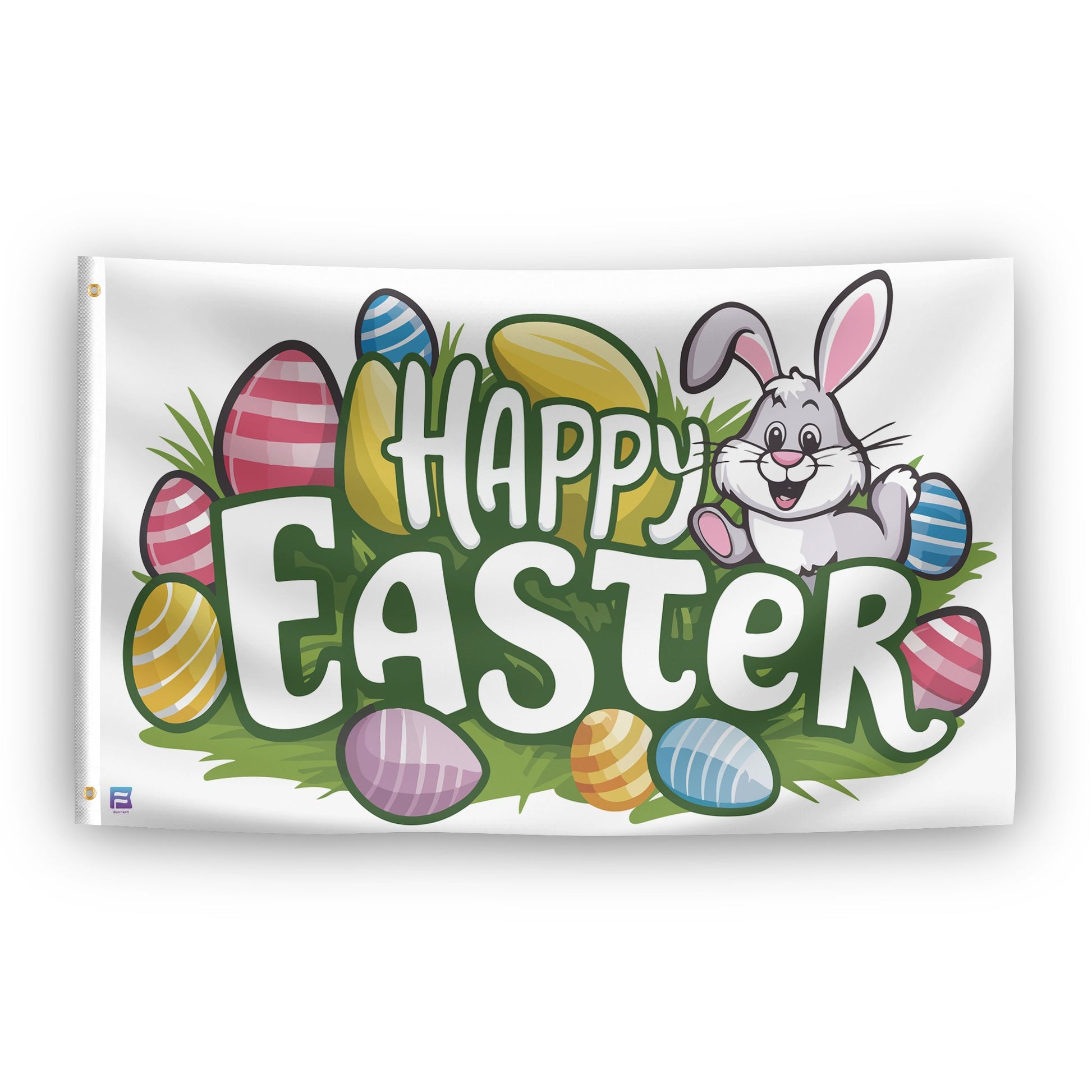 A flag with the saying "Happy Easter", with a holiday themed color scheme.