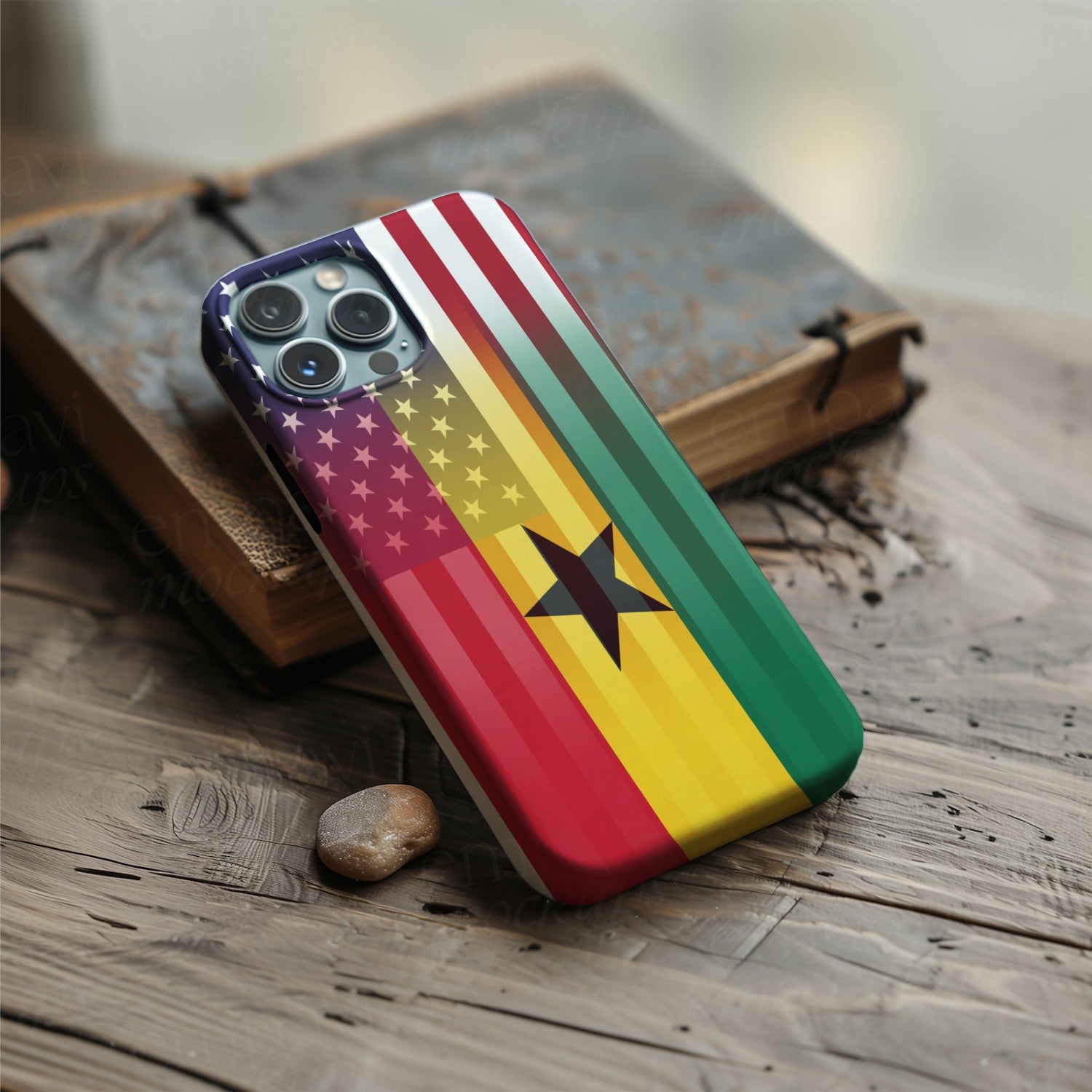 Digital download of a blended US and Ghanaian flag on a phone case, merging American stars & stripes with Ghanaian’s emblem.
