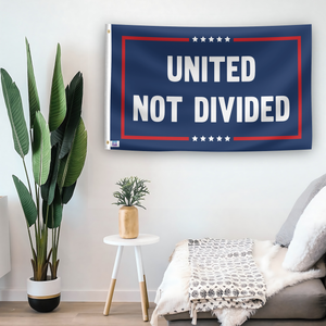 In a home setting, a flag with the saying "United Not Divided Political" is mounted on a white wall by a side table.