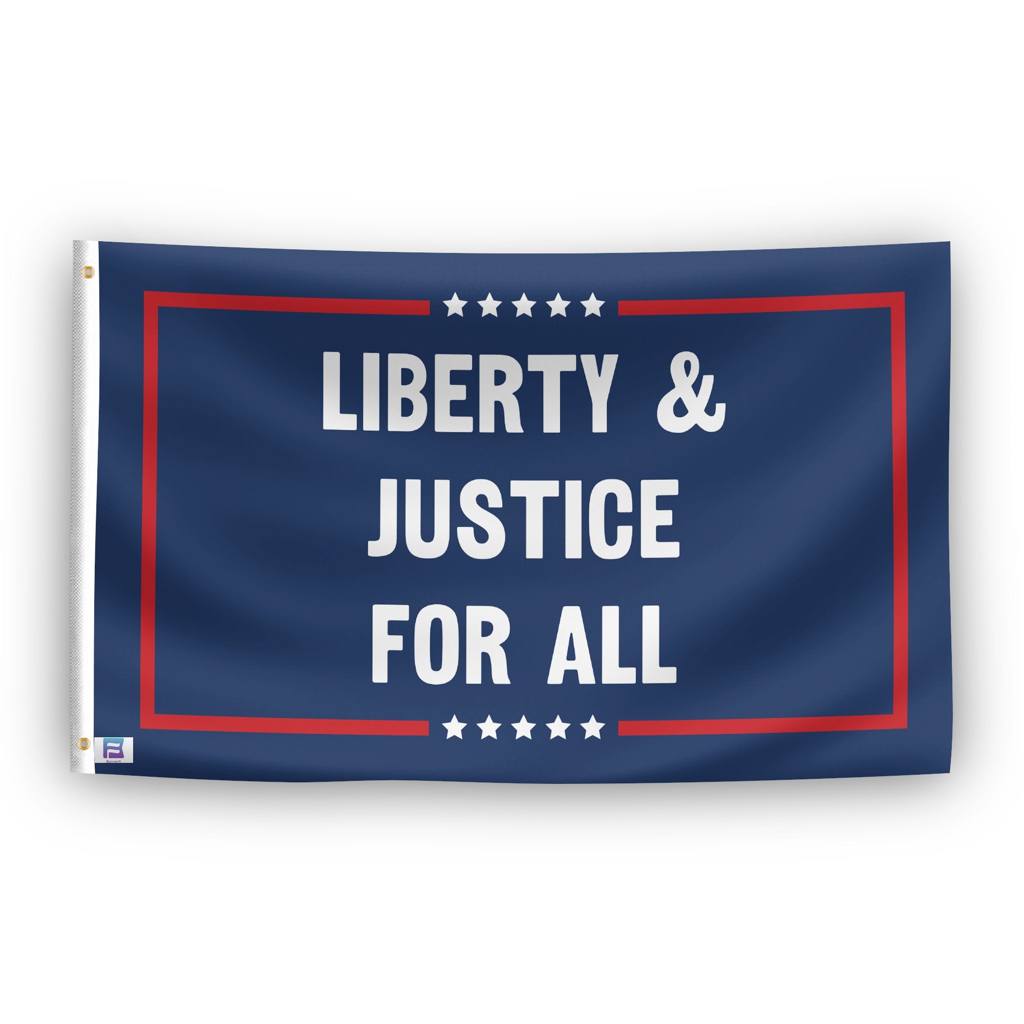 A political flag with the saying "Liberty And Justice For All Political", with a red, white, and blue color scheme.