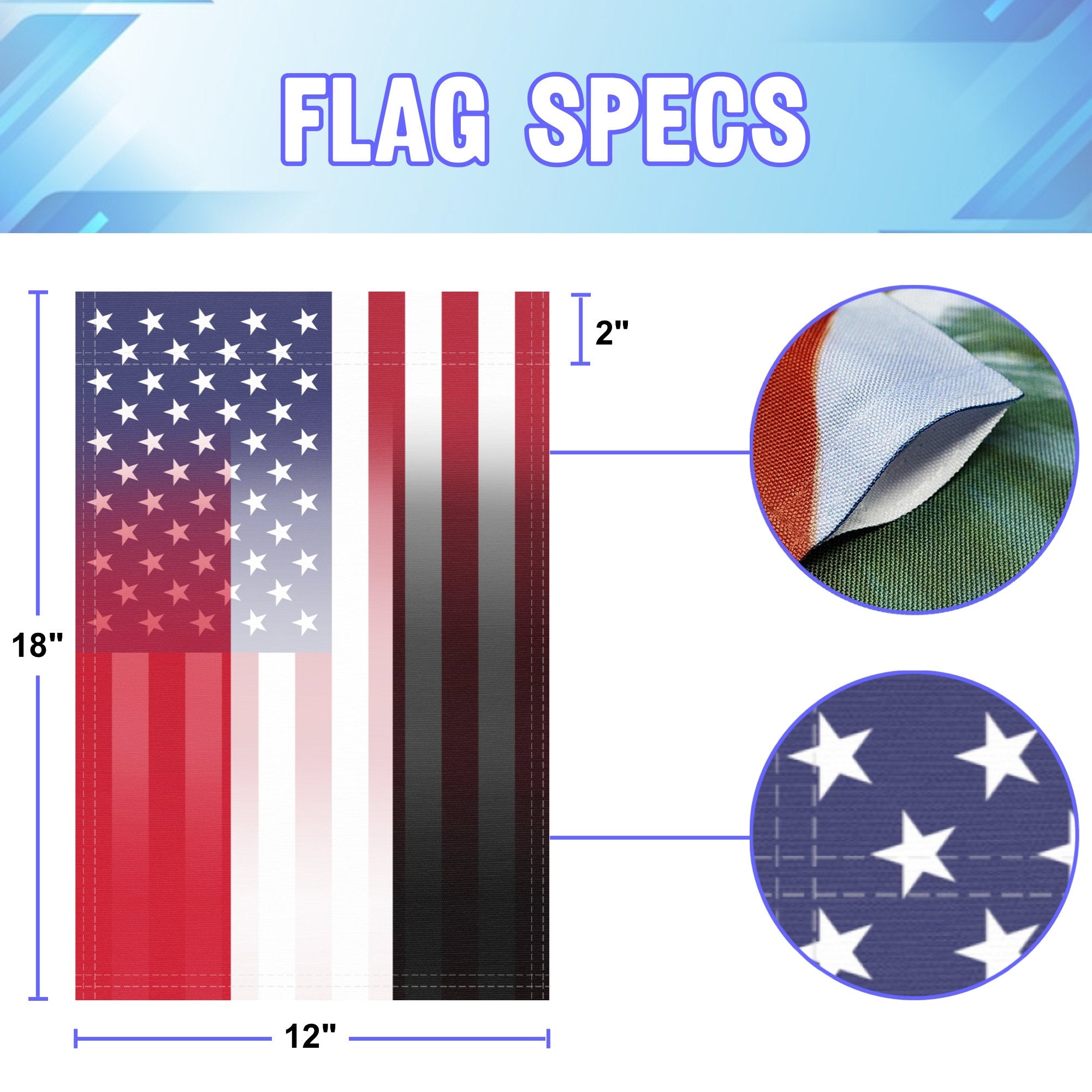 12 inch by 18 inch size specifications of a garden flag with the Yemeni American flag design seamlessly blended with the American flag.