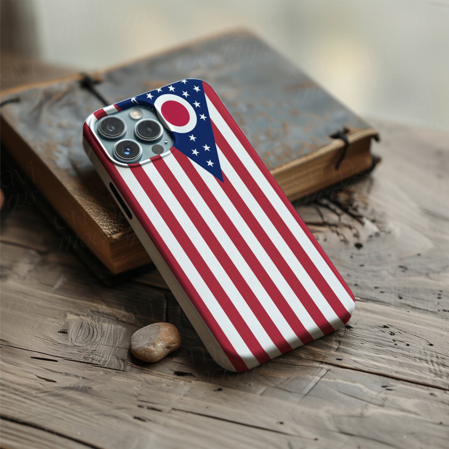 Digital download of a blended US and Ohio flag on a phone case, merging American stars & stripes with Ohio’s emblem.