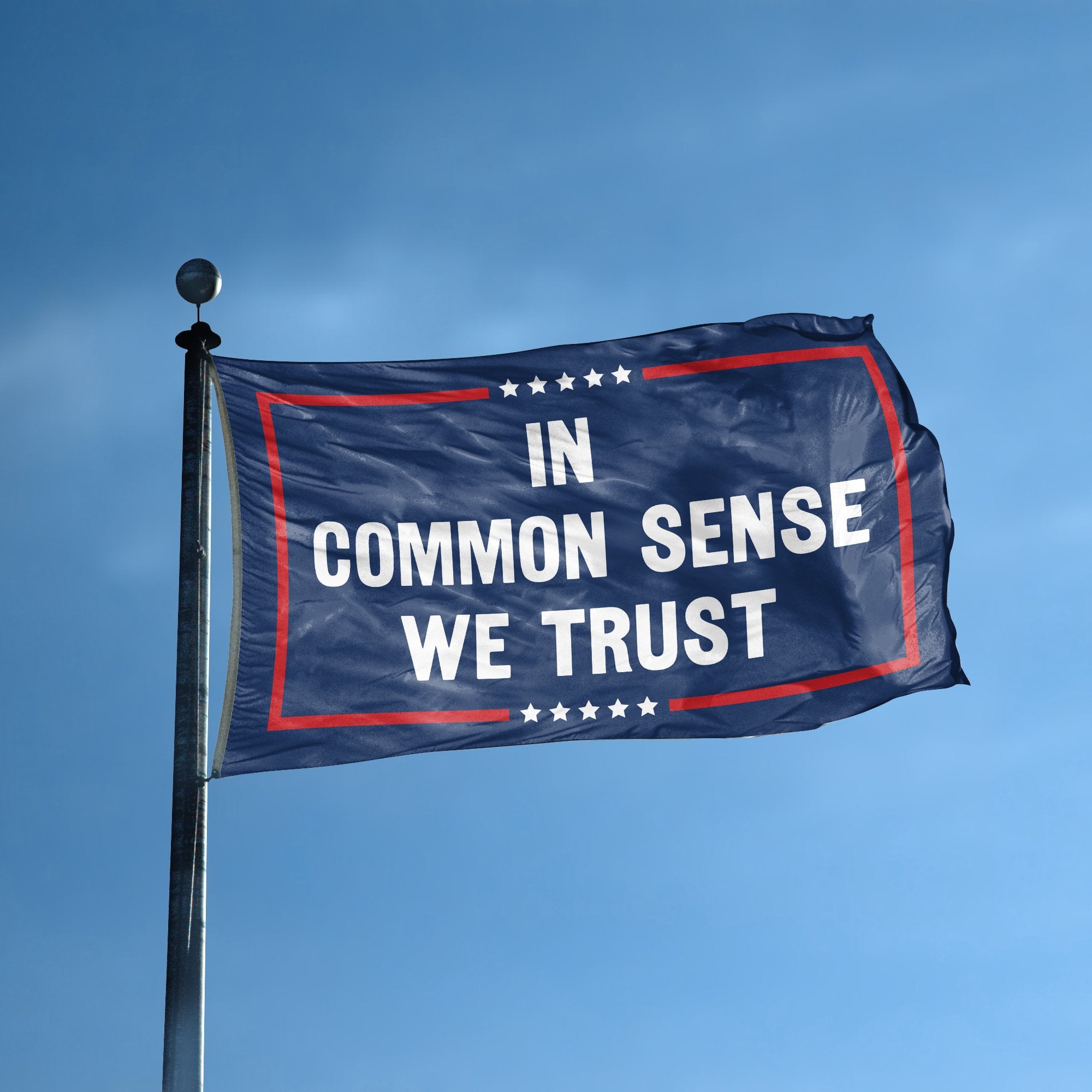 A flag with the saying "In Common Sense We Trust Political" displayed on a high pole, with a red, white, and blue color scheme.