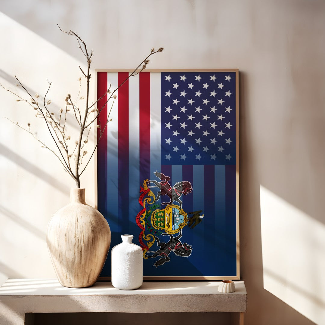 Blended US and Pennsylvania flag print in a wooden frame, showcasing American stars & stripes merged with Pennsylvania’s emblem, displayed on a tabletop.