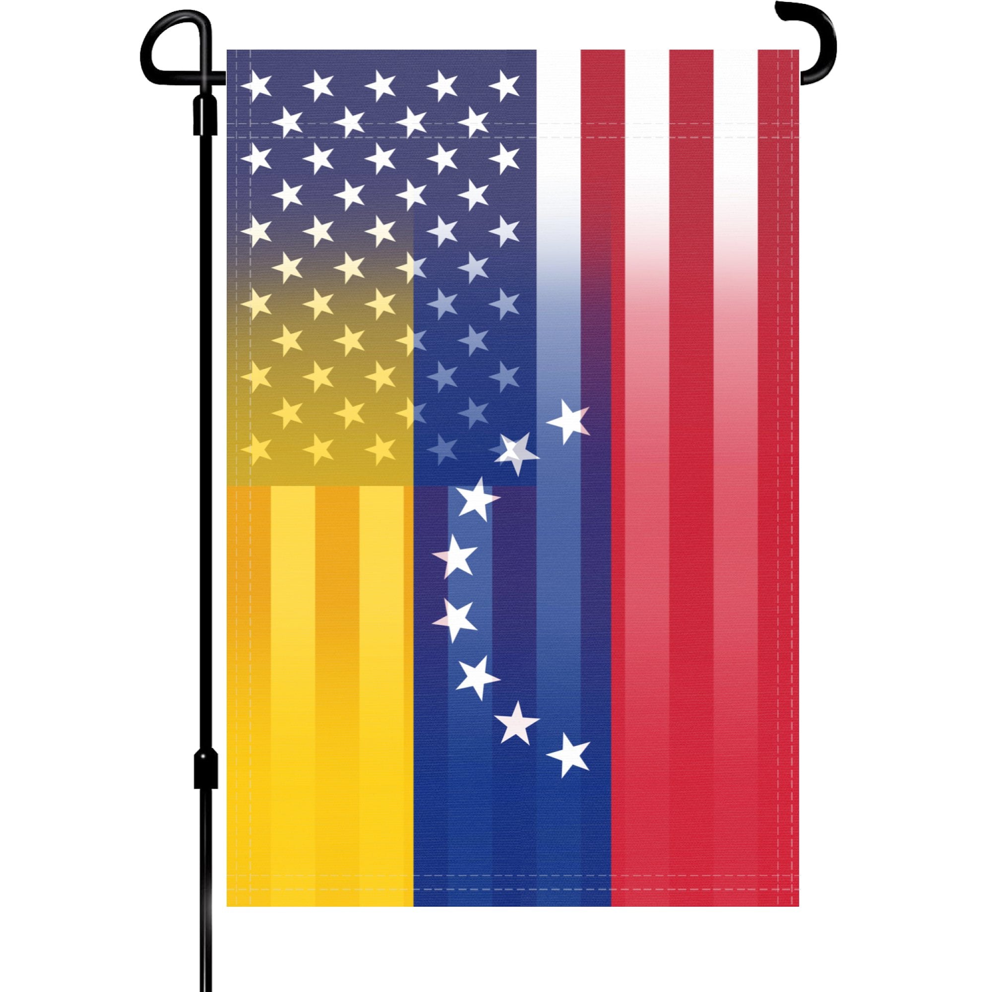 A garden flag on a pole with the Venezuelan American flag design seamlessly blended with the American flag.