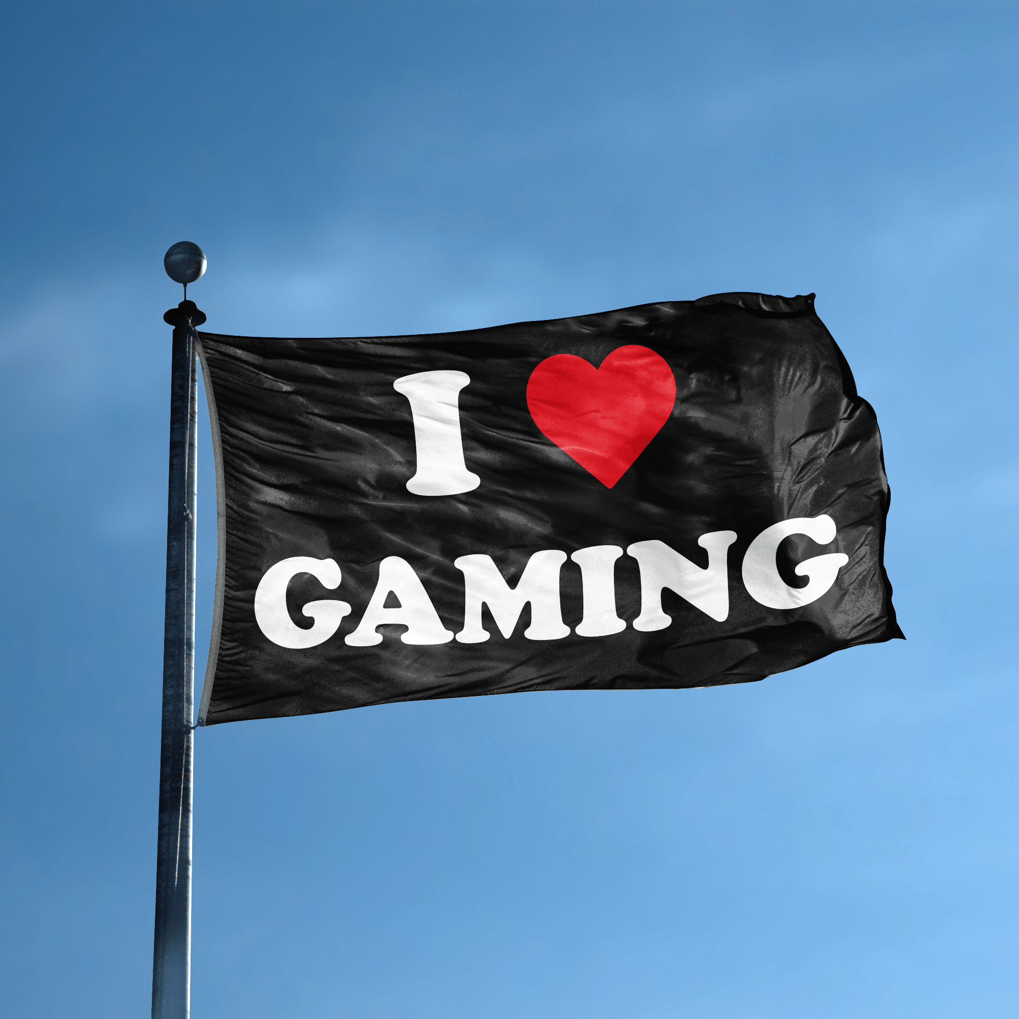 A flag with the saying "I Love Gaming" displayed on a high pole, with a black, white and red color scheme.