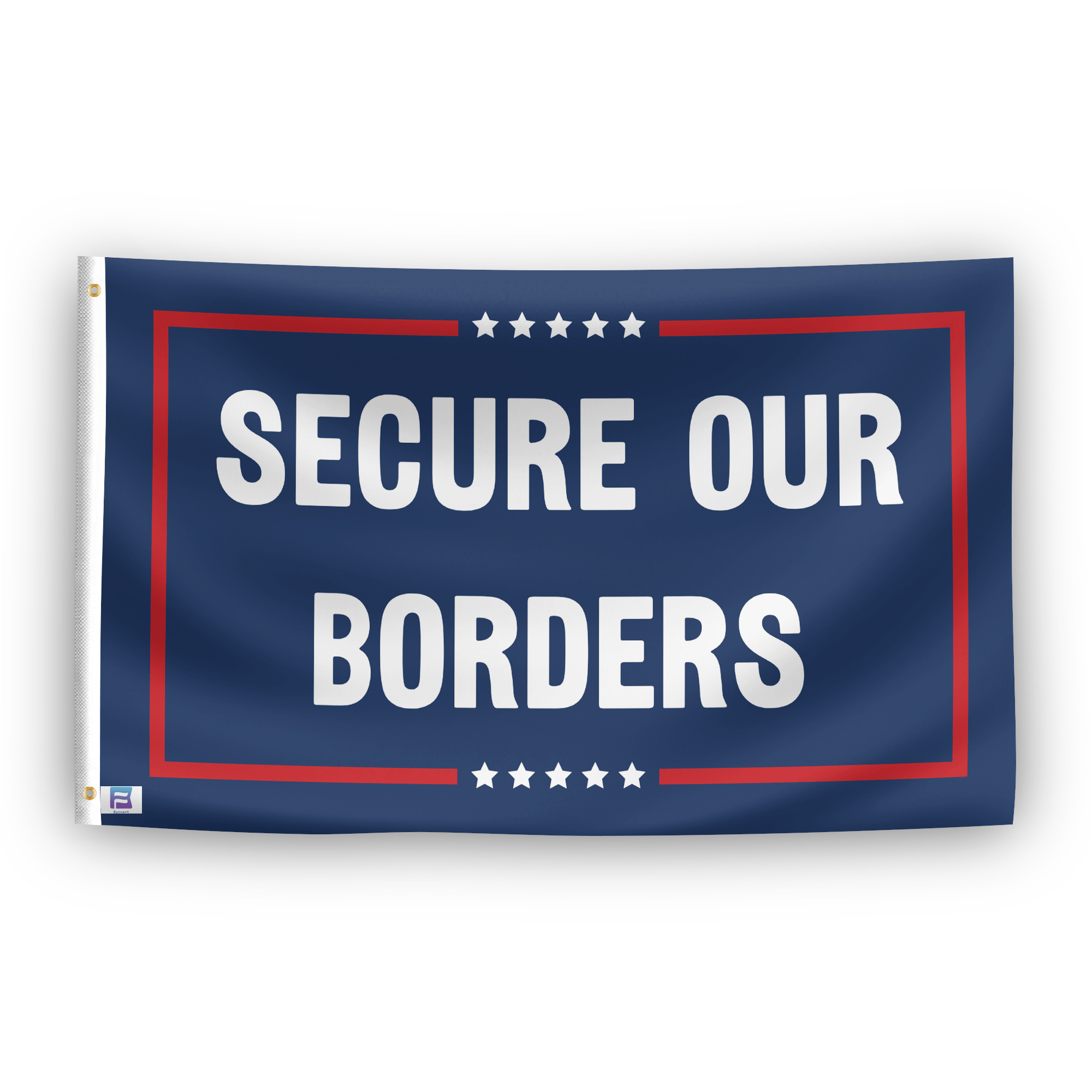 A political flag with the saying "Secure Our Borders Political", with a red, white, and blue color scheme.