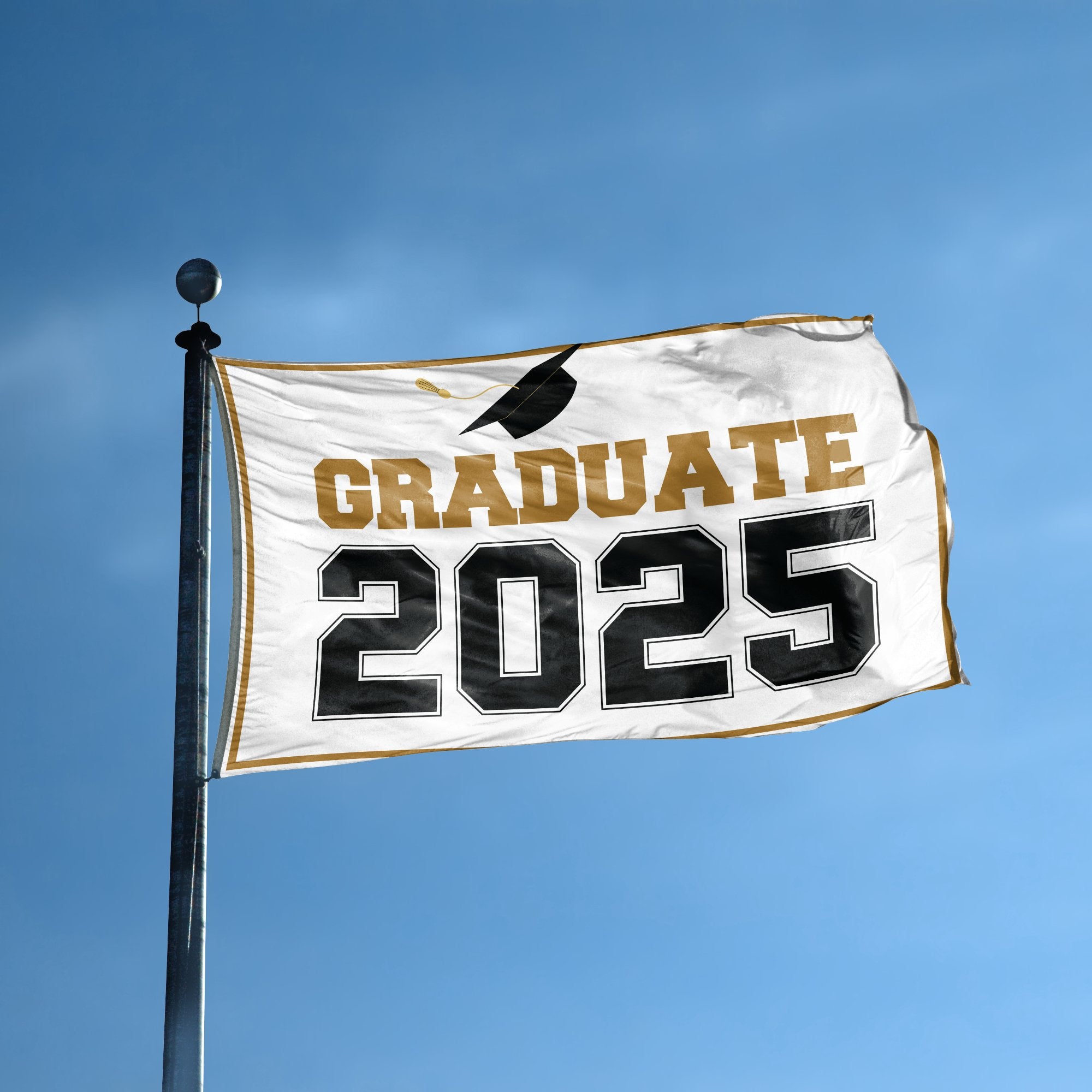 A flag with the saying "Graduate 2025" displayed on a high pole, with a special occasion color scheme.