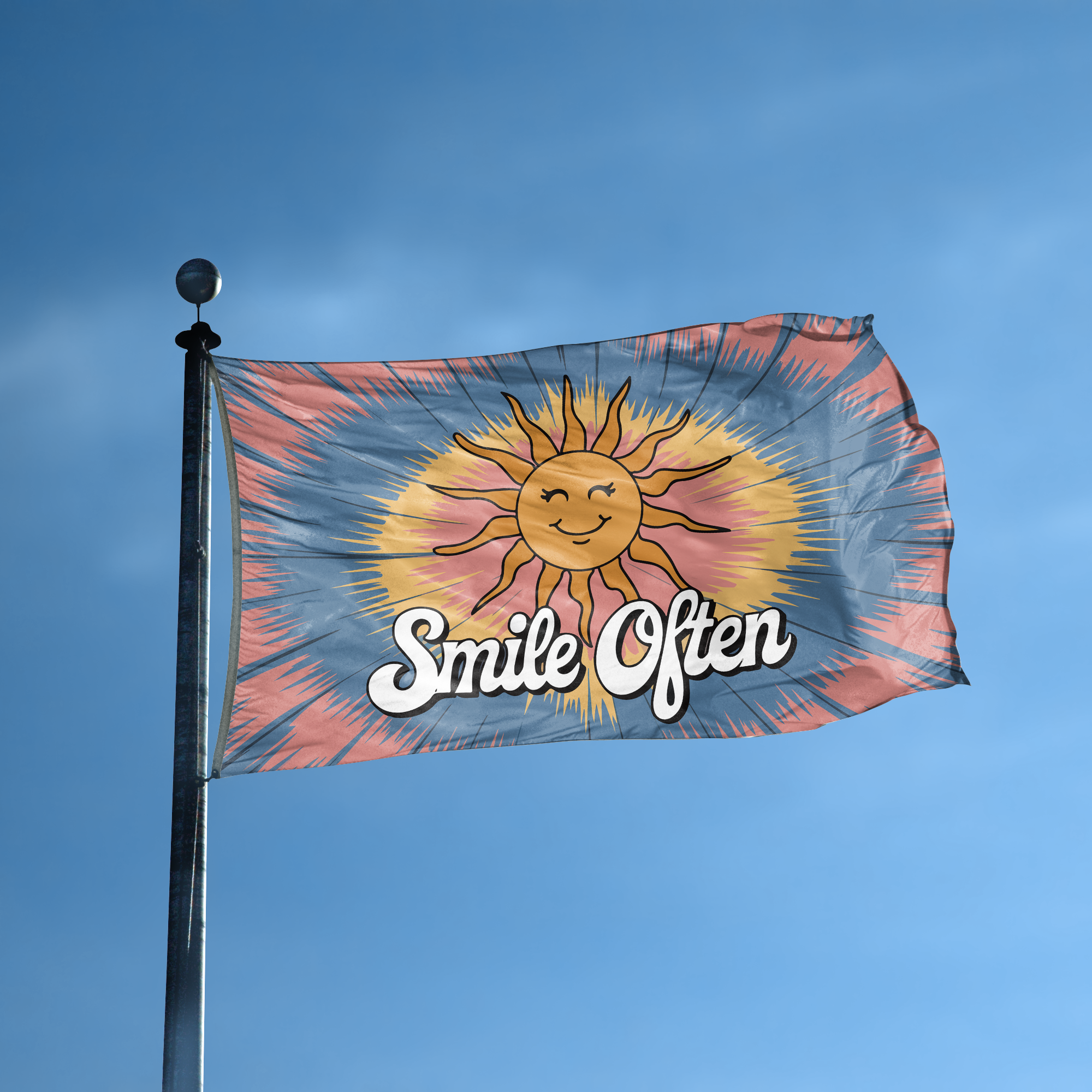 A flag with the saying "Smile Often 70s Style" displayed on a high pole, with a tie dye style color scheme.