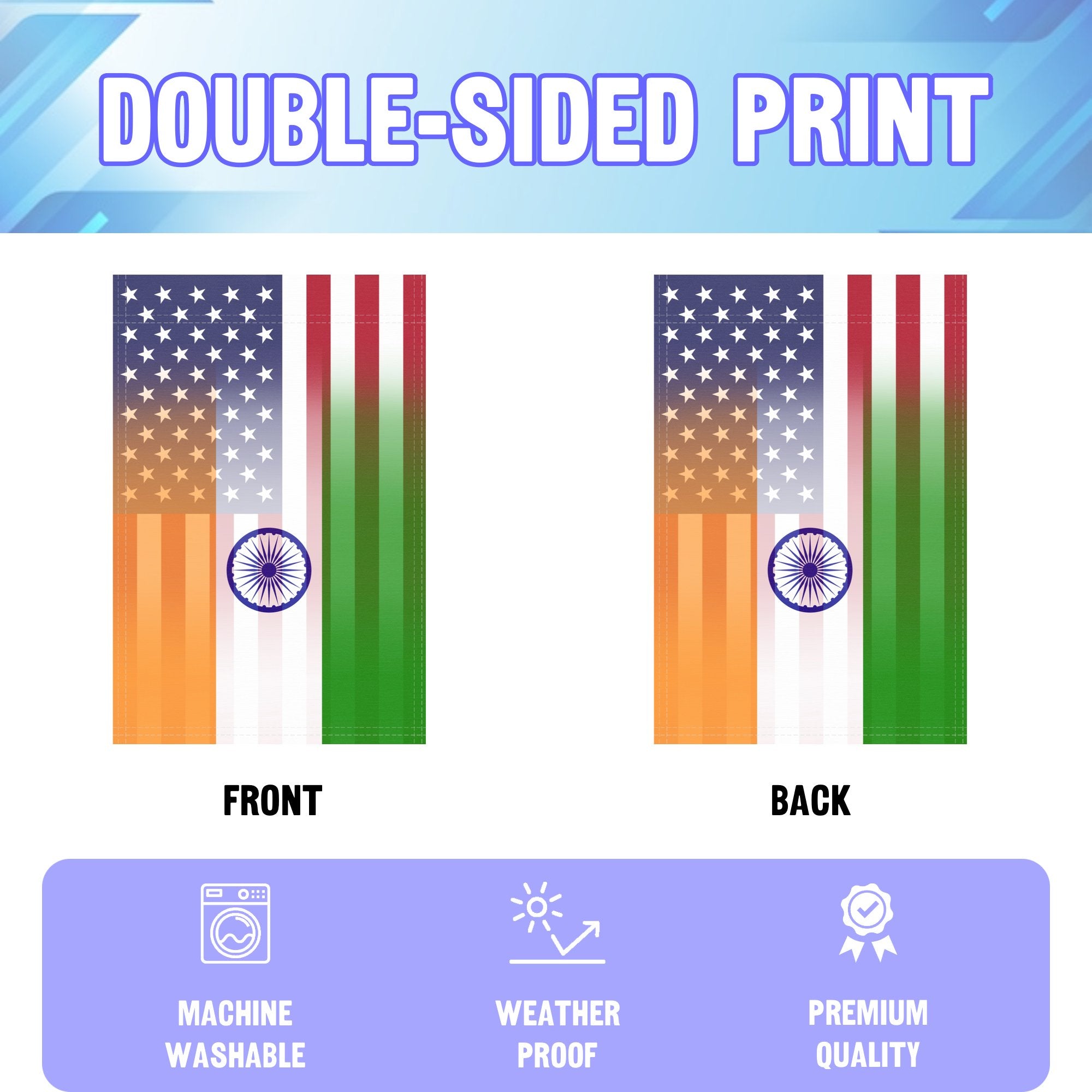 An infographic showing the double sided and high quality characteristics of the Indian American American hybrid garden flag.