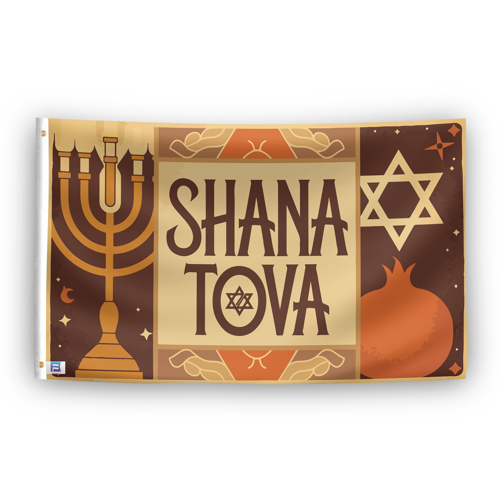 A flag with the saying "Shana Tova", with a holiday themed color scheme.