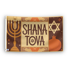 Load image into Gallery viewer, A flag with the saying &quot;Shana Tova&quot;, with a holiday themed color scheme.
