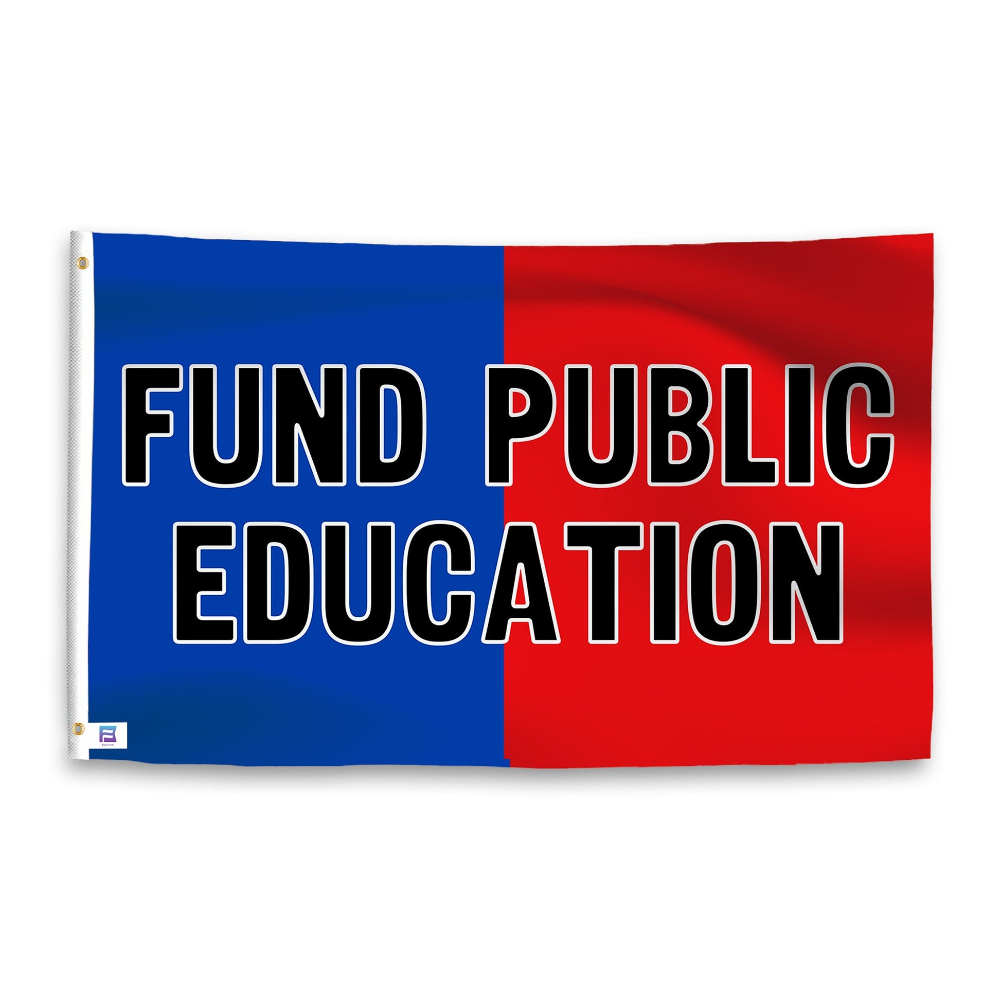 A dual-tone flag containing a political slogan, with a smooth royal blue and deep crimson texture.