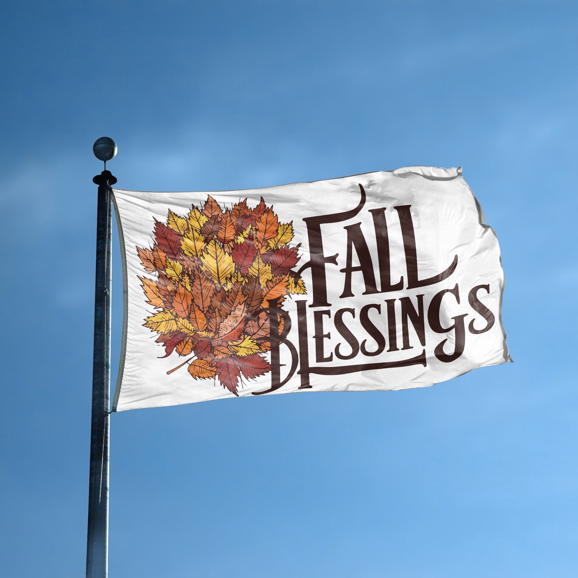 A flag with the saying "Fall Blessings Seasonal" displayed on a high pole, with a special occasion color scheme.