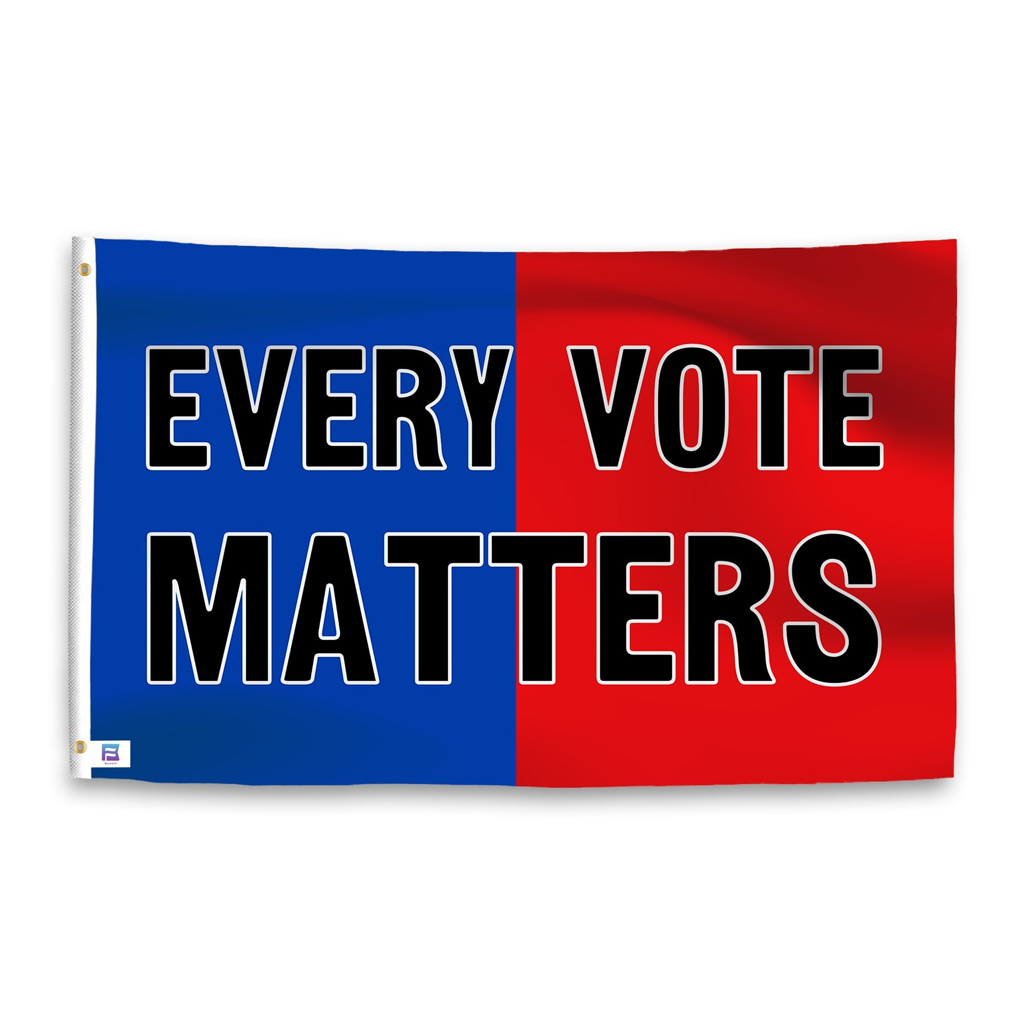 A dual-tone flag containing a political slogan, with a smooth royal blue and deep crimson texture. 