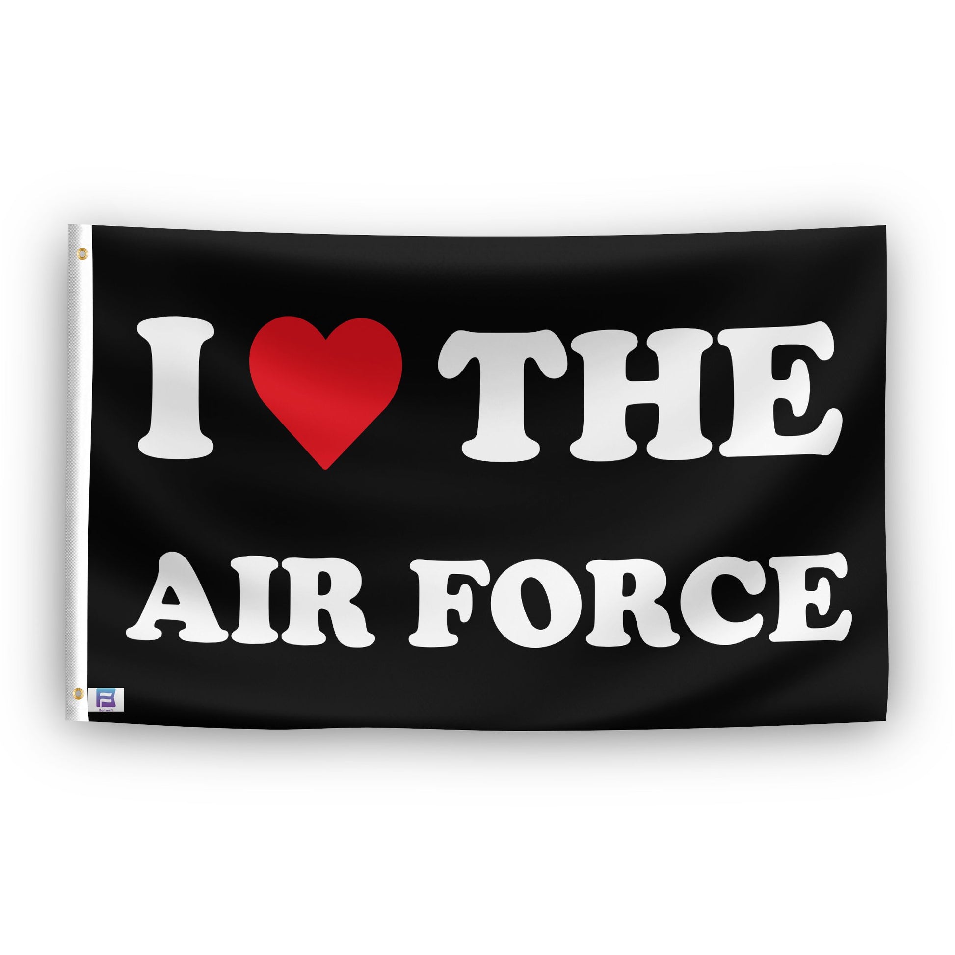 A flag with the saying "I Love The Air Force", with a black, white and red color scheme.