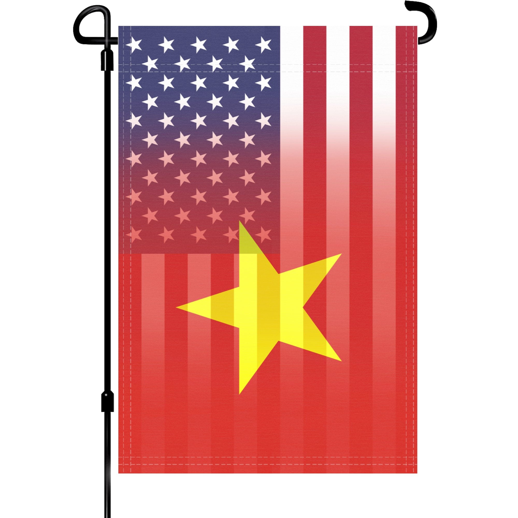 A garden flag on a pole with the Vietnamese American flag design seamlessly blended with the American flag.