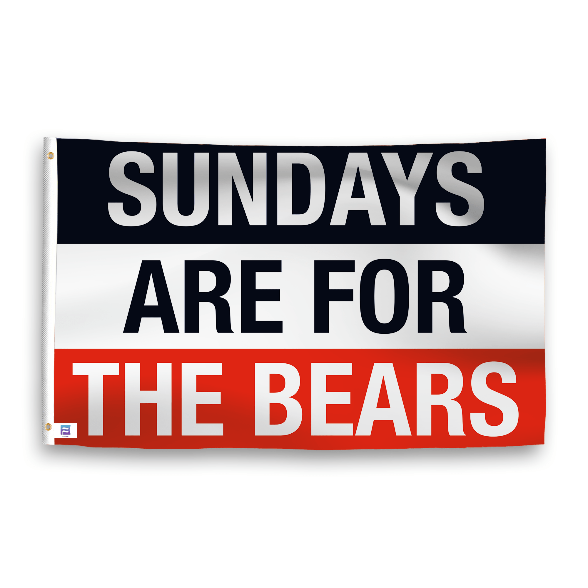 A flag with the saying "https://www.dropbox.com/scl/fi/giebciyczyt9z7xoadzp6/sundays-are-for-the-bears_ripple.png?rlkey=b3hukilynhd11q1msiktpru8z&raw=1", with the sports team color scheme.