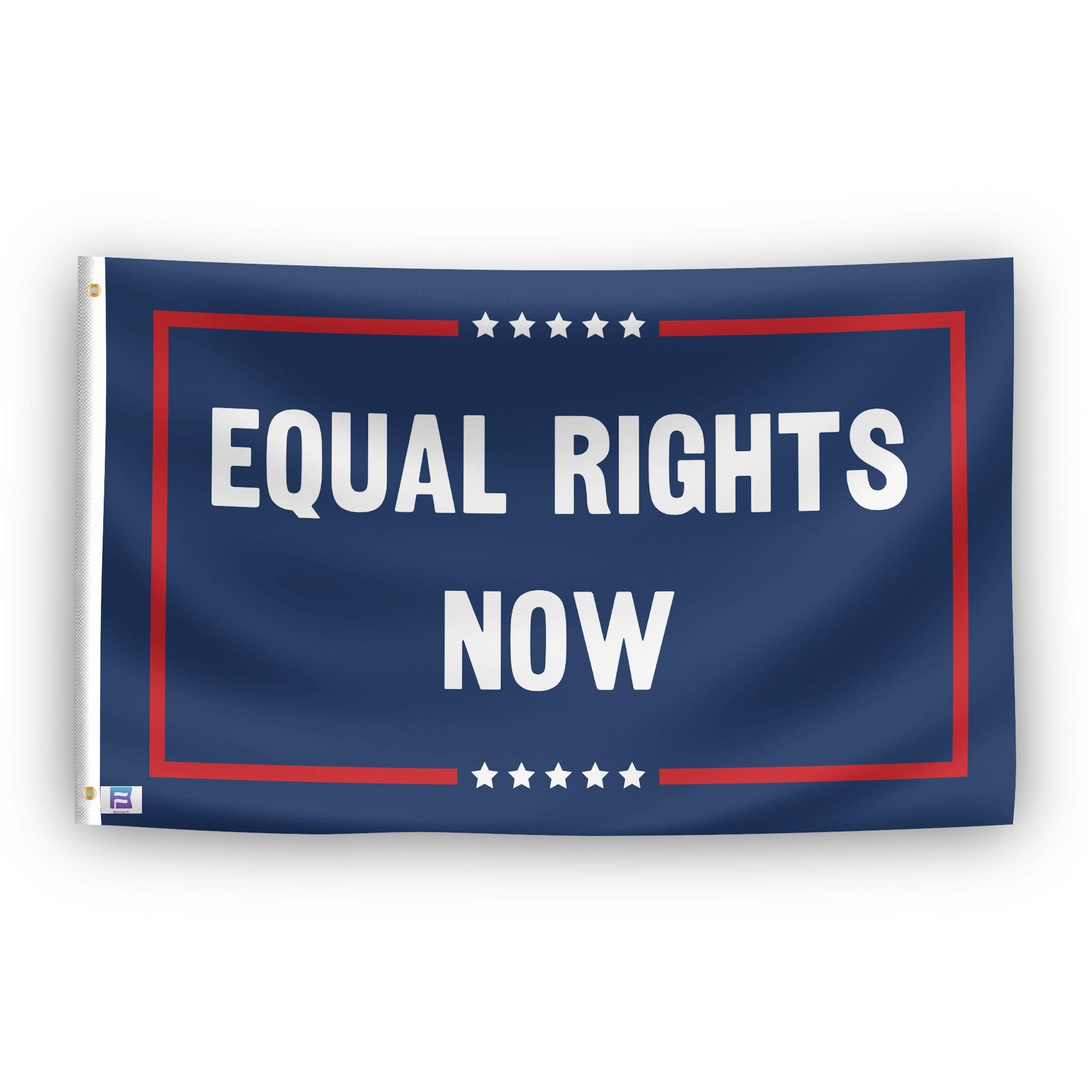 A political flag with the saying "Equal Rights Now Political", with a red, white, and blue color scheme.