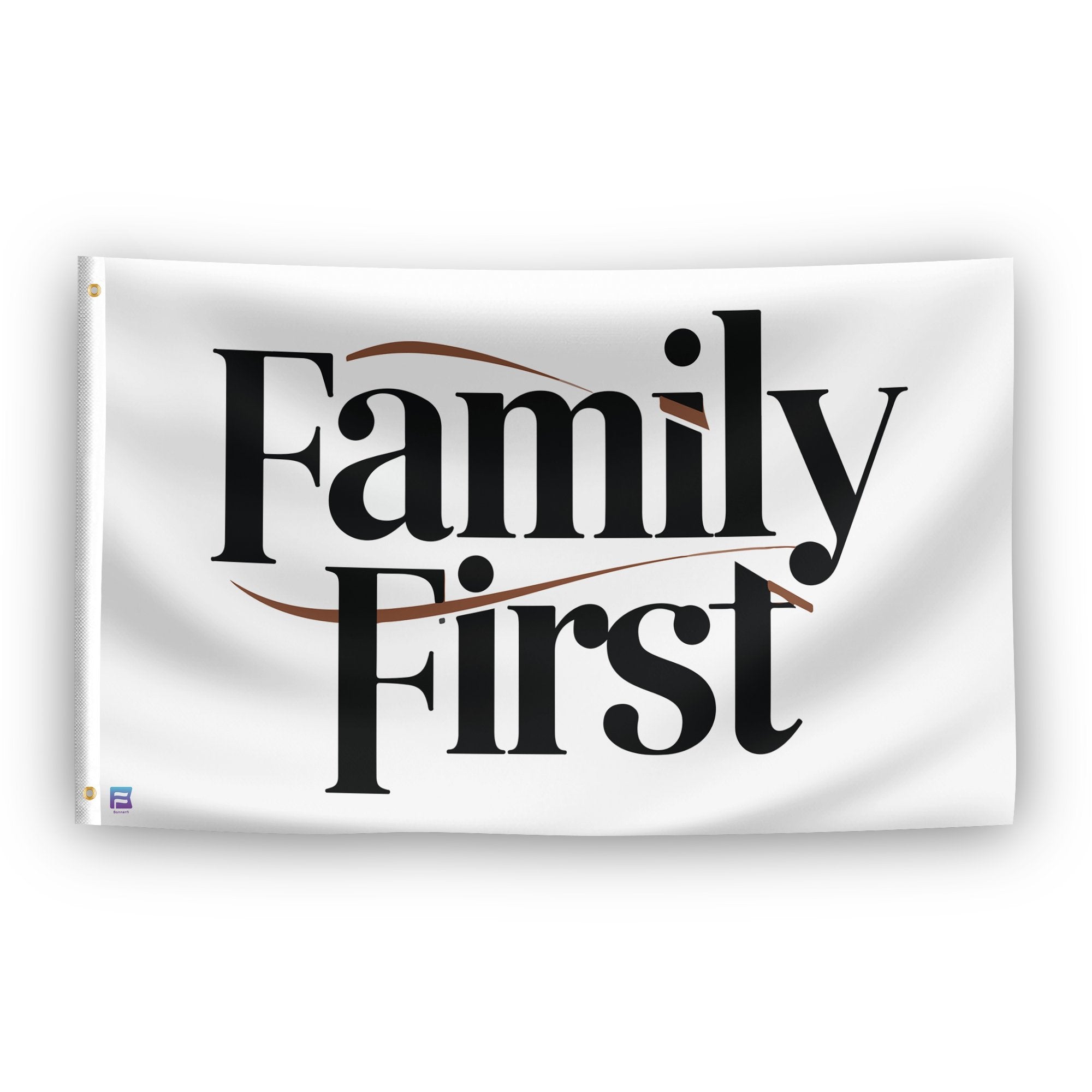 A flag with the saying "Family First", with a special occasion color scheme.