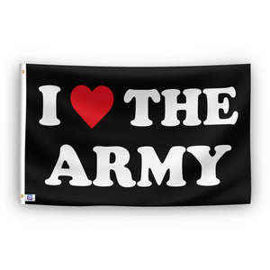 A flag with the saying "I Love The Army", with a black, white and red color scheme.