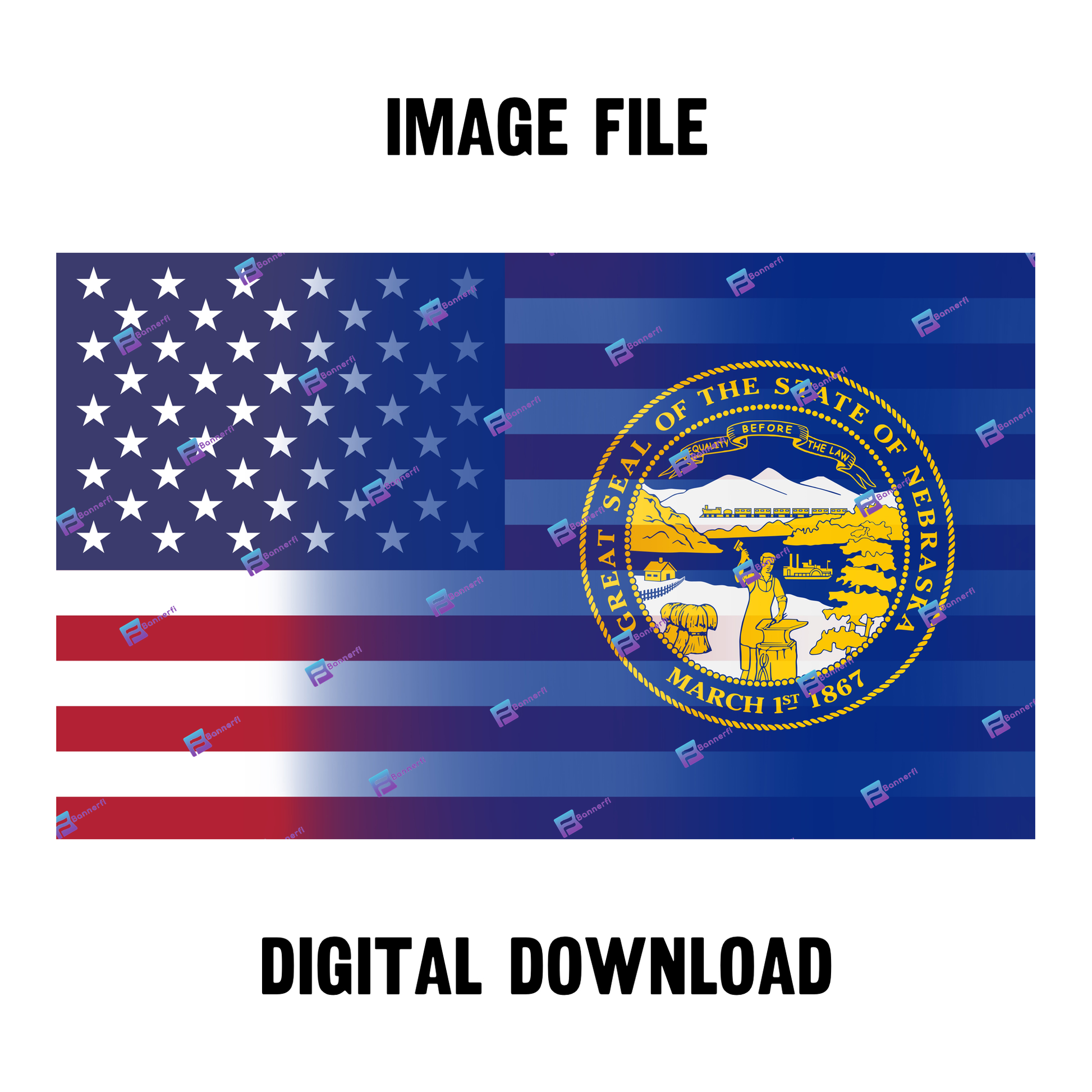Digital download of a blended US and Nebraska flag, merging American stars & stripes with Nebraska’s colors. 