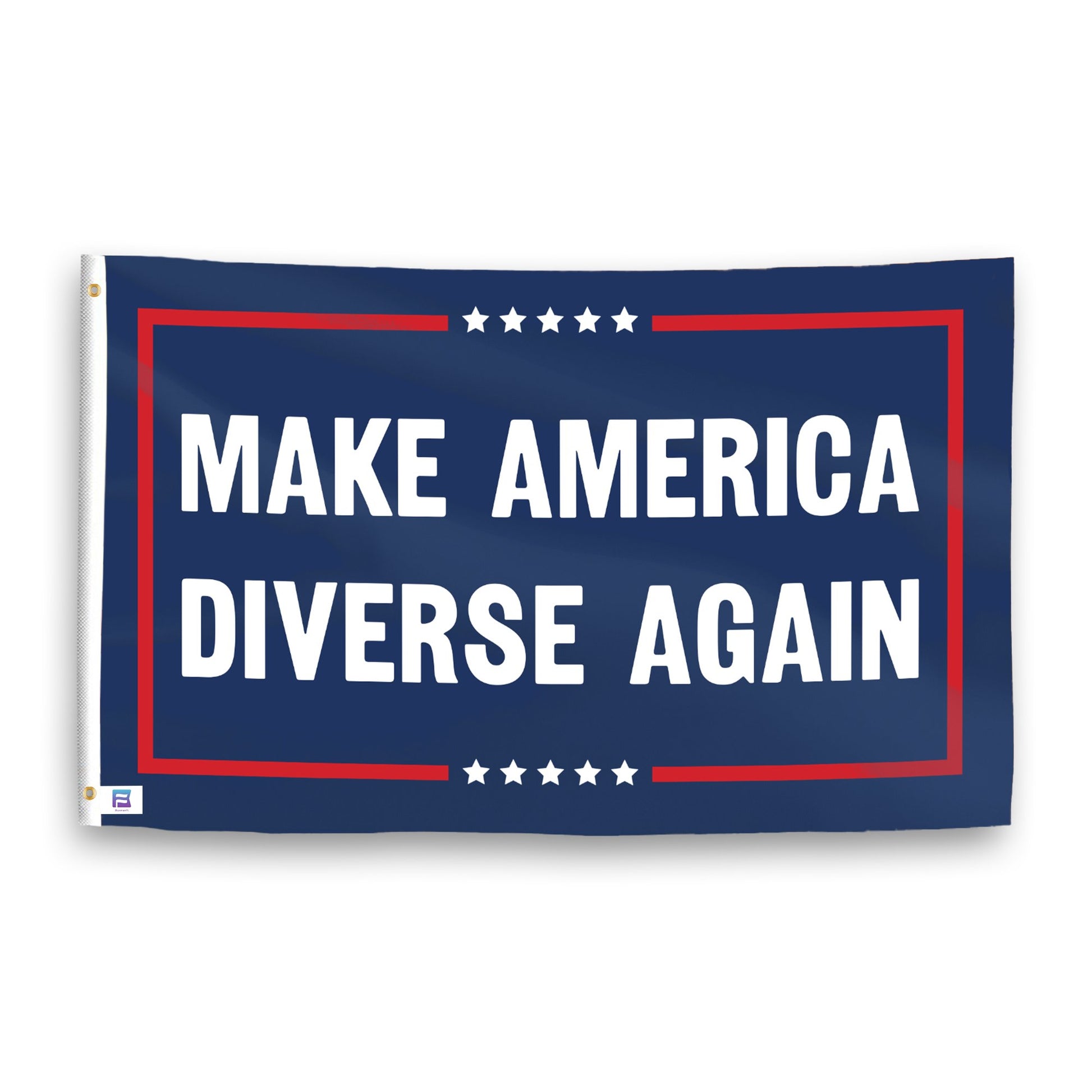 A political flag with the saying "https://www.dropbox.com/scl/fi/y2mdpk5e2j22cizz9vnx7/make-america-diverse-again_ripple.png?rlkey=tvw93lzdn1hcctylm1mm10ob1&raw=1", with a red, white, and blue color scheme.