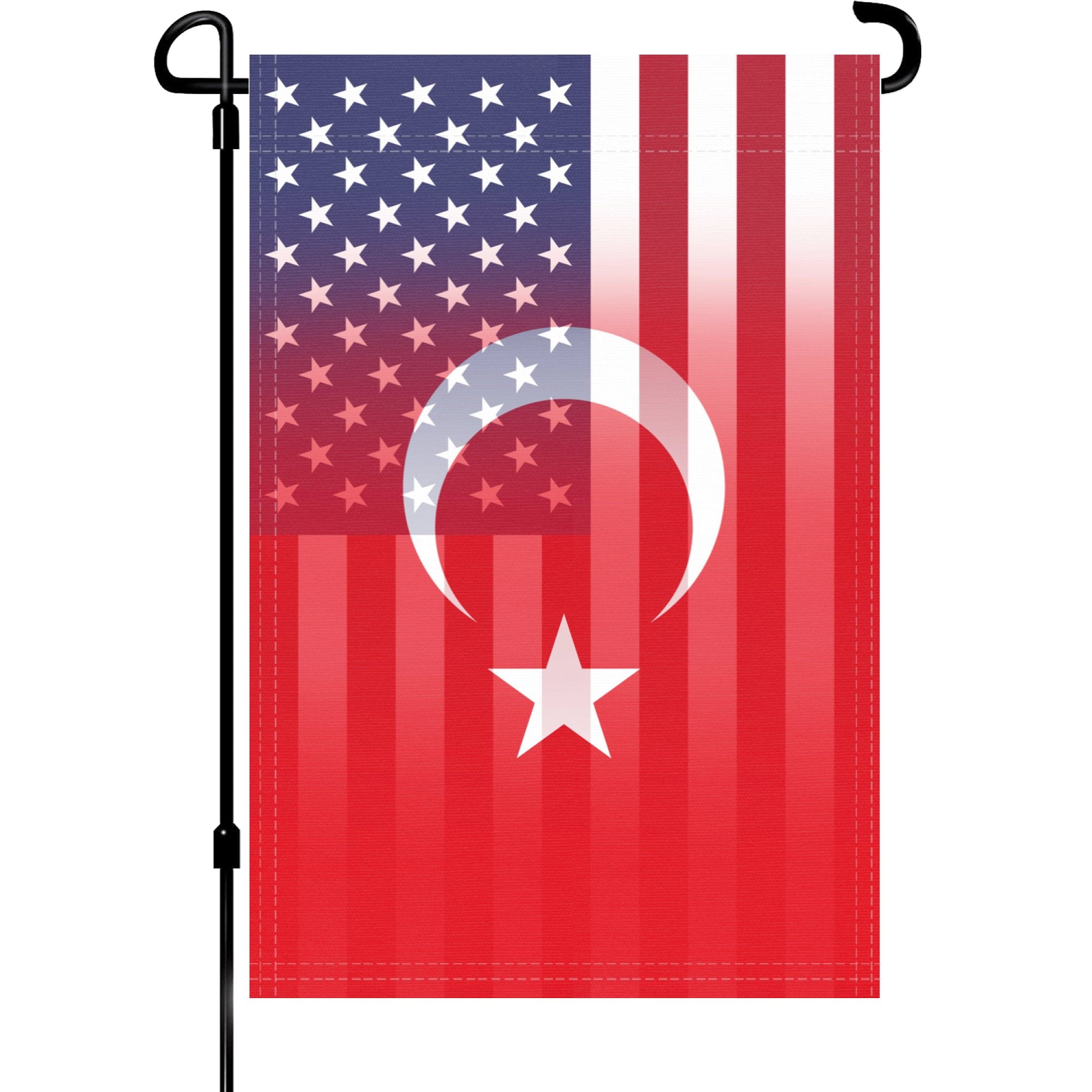 A garden flag on a pole with the Turkish American flag design seamlessly blended with the American flag.