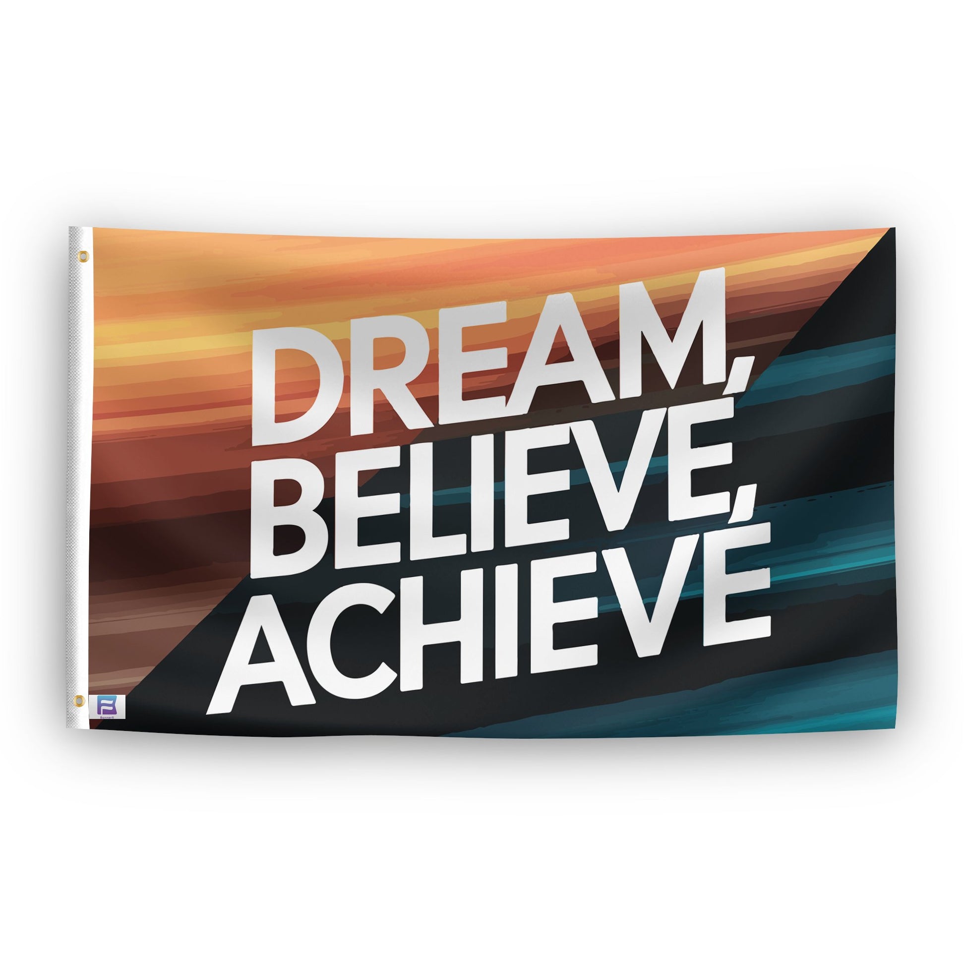 A flag with the saying "Dream Believe Achieve Motivational", with a special occasion color scheme.