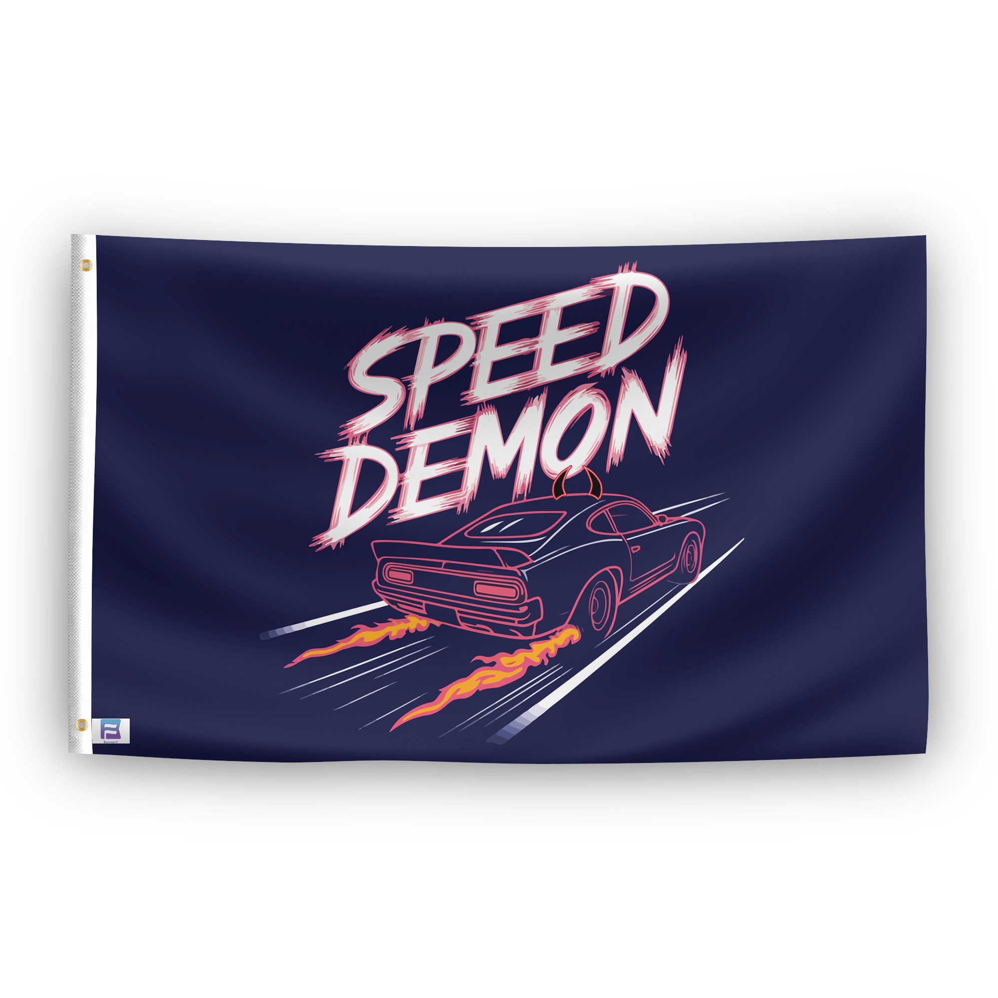 A flag with the saying "Speed Demon", with a neon style color scheme.