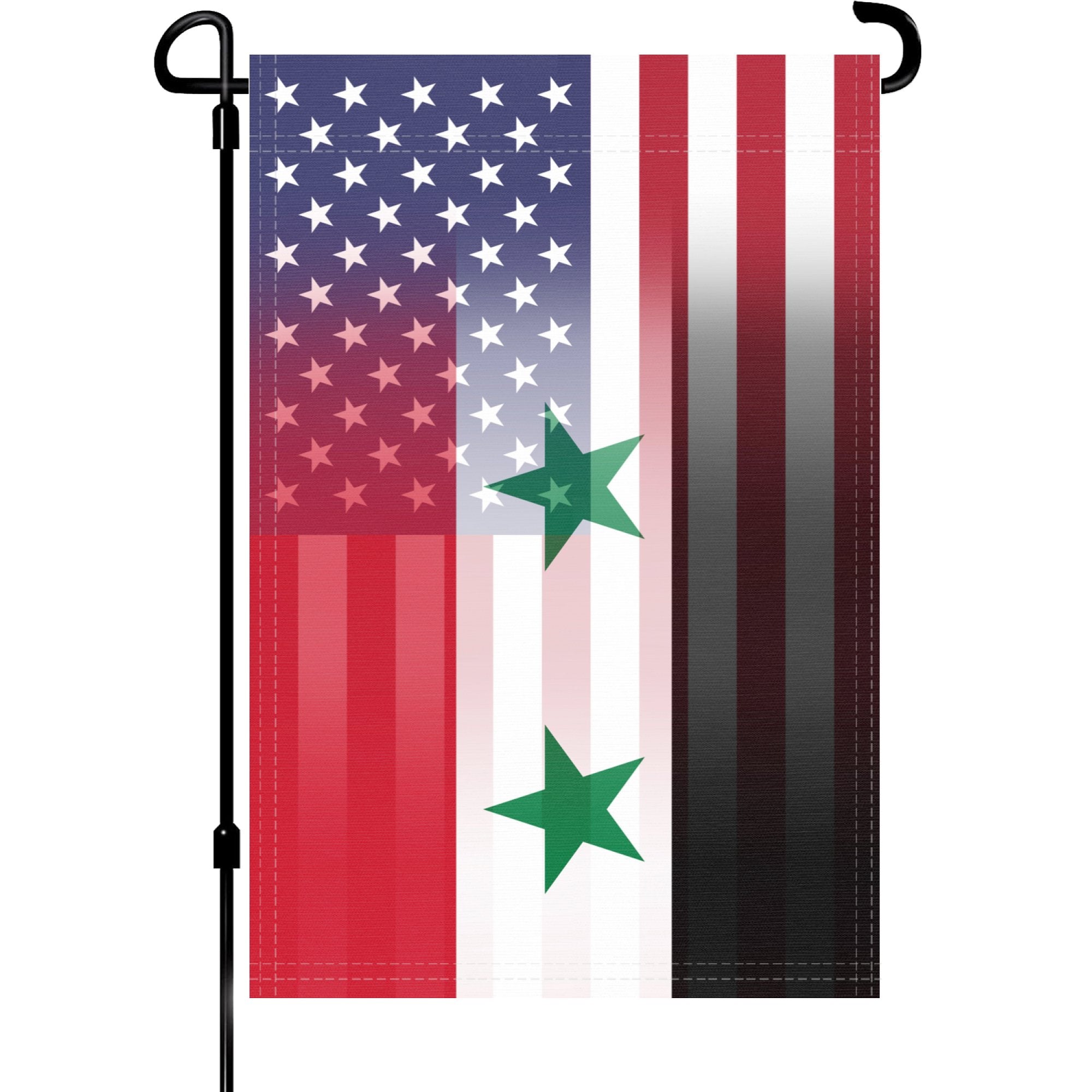 A garden flag on a pole with the Syrian American flag design seamlessly blended with the American flag.