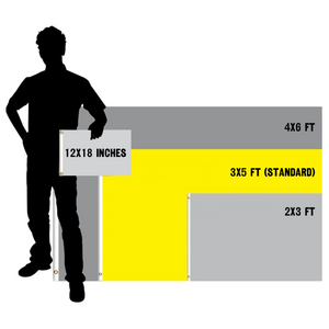 Size comparison chart for flags with a silhouette of a person for scale, displaying various flag sizes: 12x18 inches, 2x3 feet, 3x5 feet, and 4x6 feet.