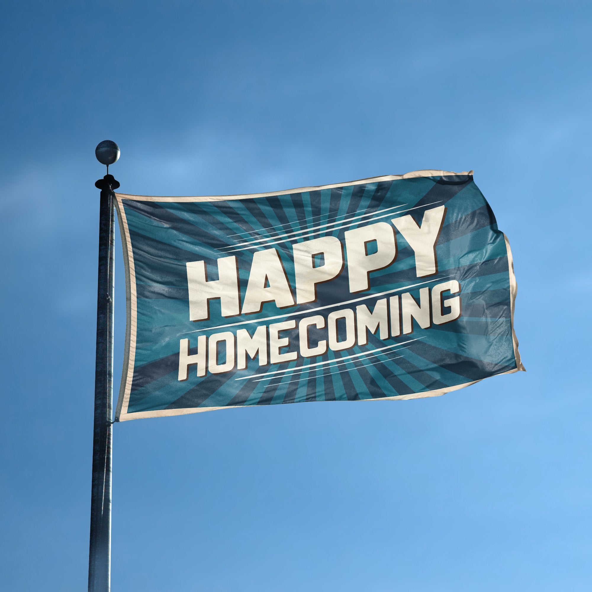 A flag with the saying "Happy Homecoming" displayed on a high pole, with a special occasion color scheme.