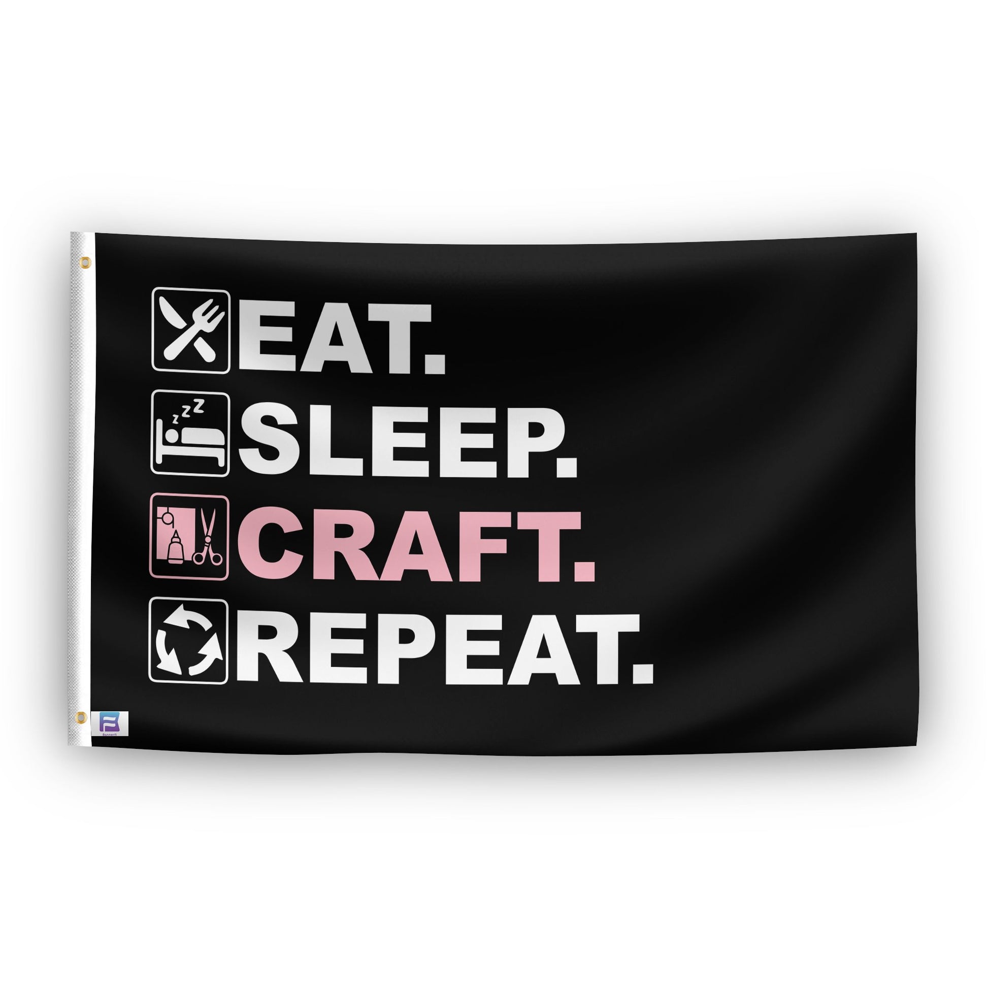 A flag with the saying "Eat Sleep Craft Repeat", with a black, white and themed color scheme.