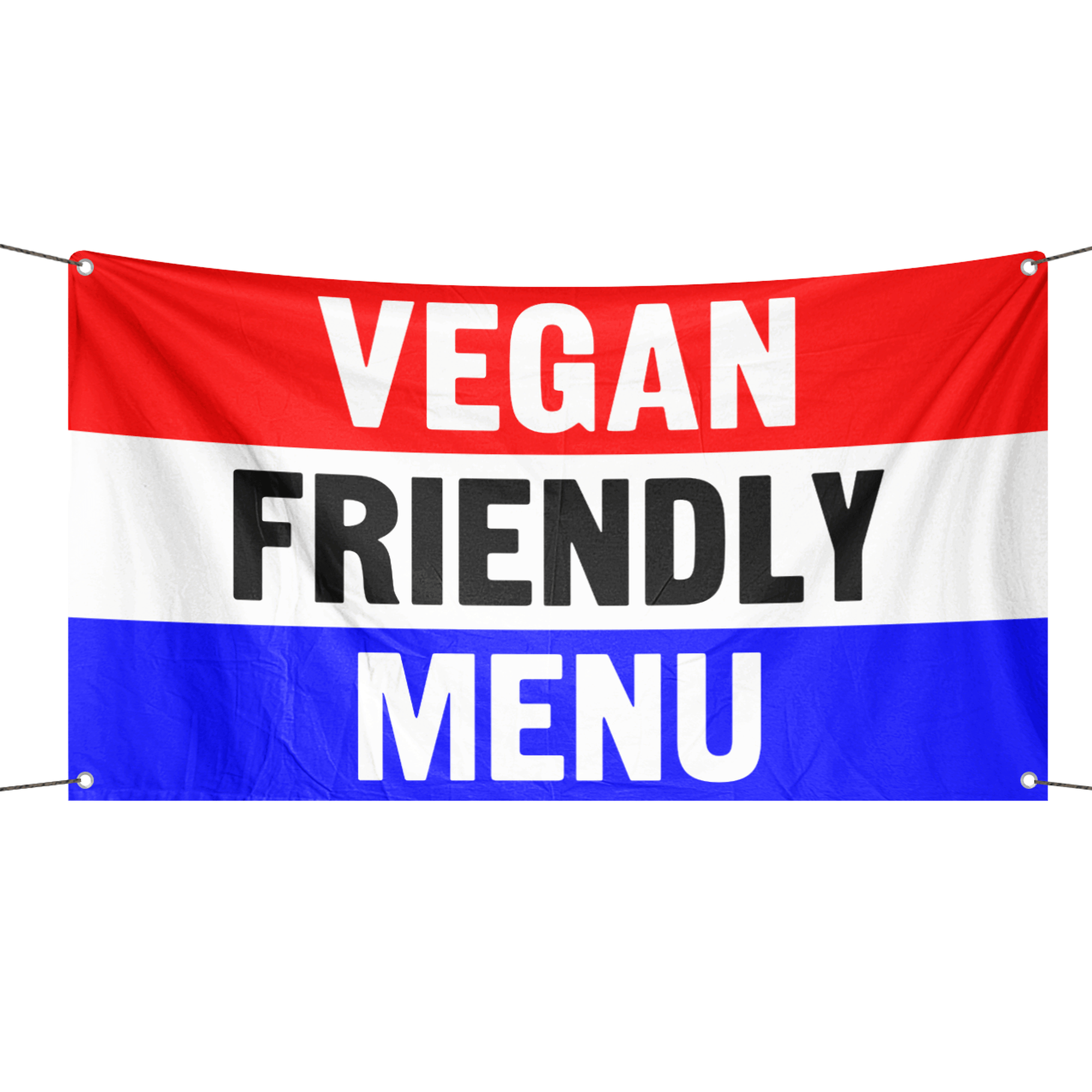 A business banner with the saying "Vegan Friendly Menu", with a red, white, and blue color scheme.