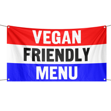 Load image into Gallery viewer, A business banner with the saying &quot;Vegan Friendly Menu&quot;, with a red, white, and blue color scheme.
