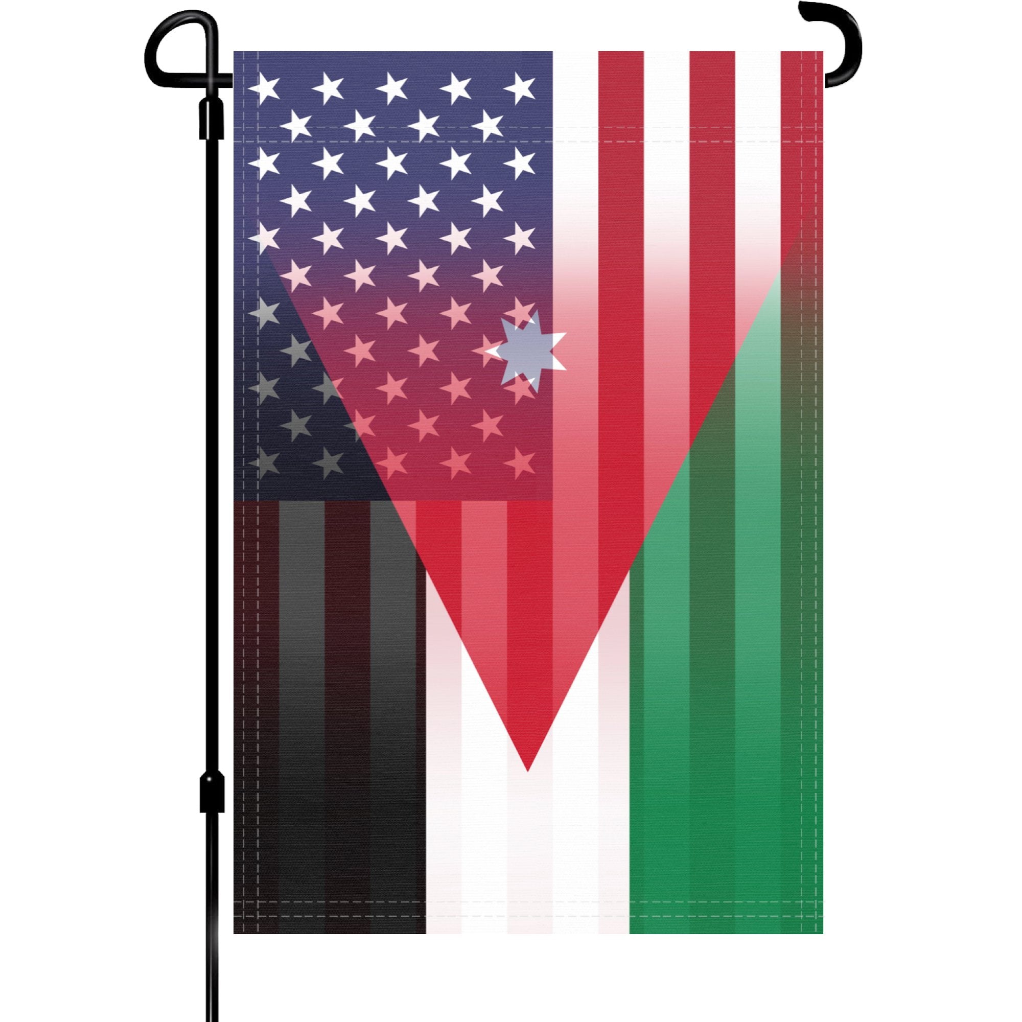 A garden flag on a pole with the Jordanian American flag design seamlessly blended with the American flag.