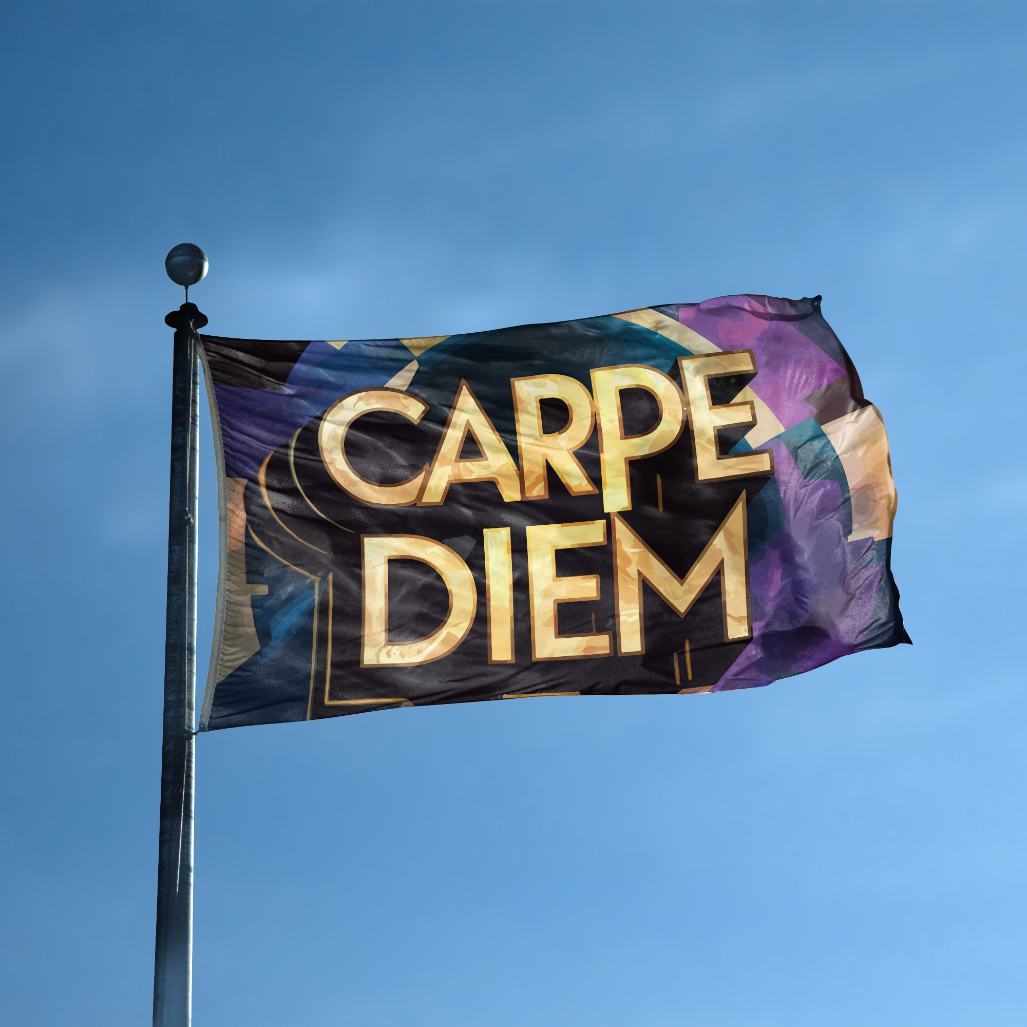 A flag with the saying "Carpe Diem Motivational" displayed on a high pole, with a special occasion color scheme.