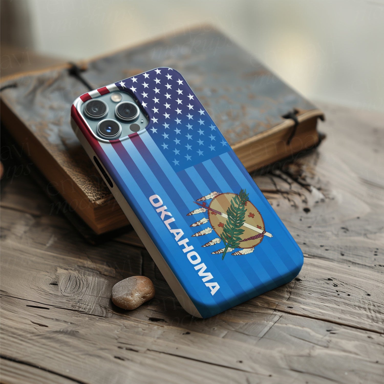Digital download of a blended US and Oklahoma flag on a phone case, merging American stars & stripes with Oklahoma’s emblem.