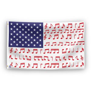 An american flag with the red stripes changed to match the theme "Musical Note Stripes American".