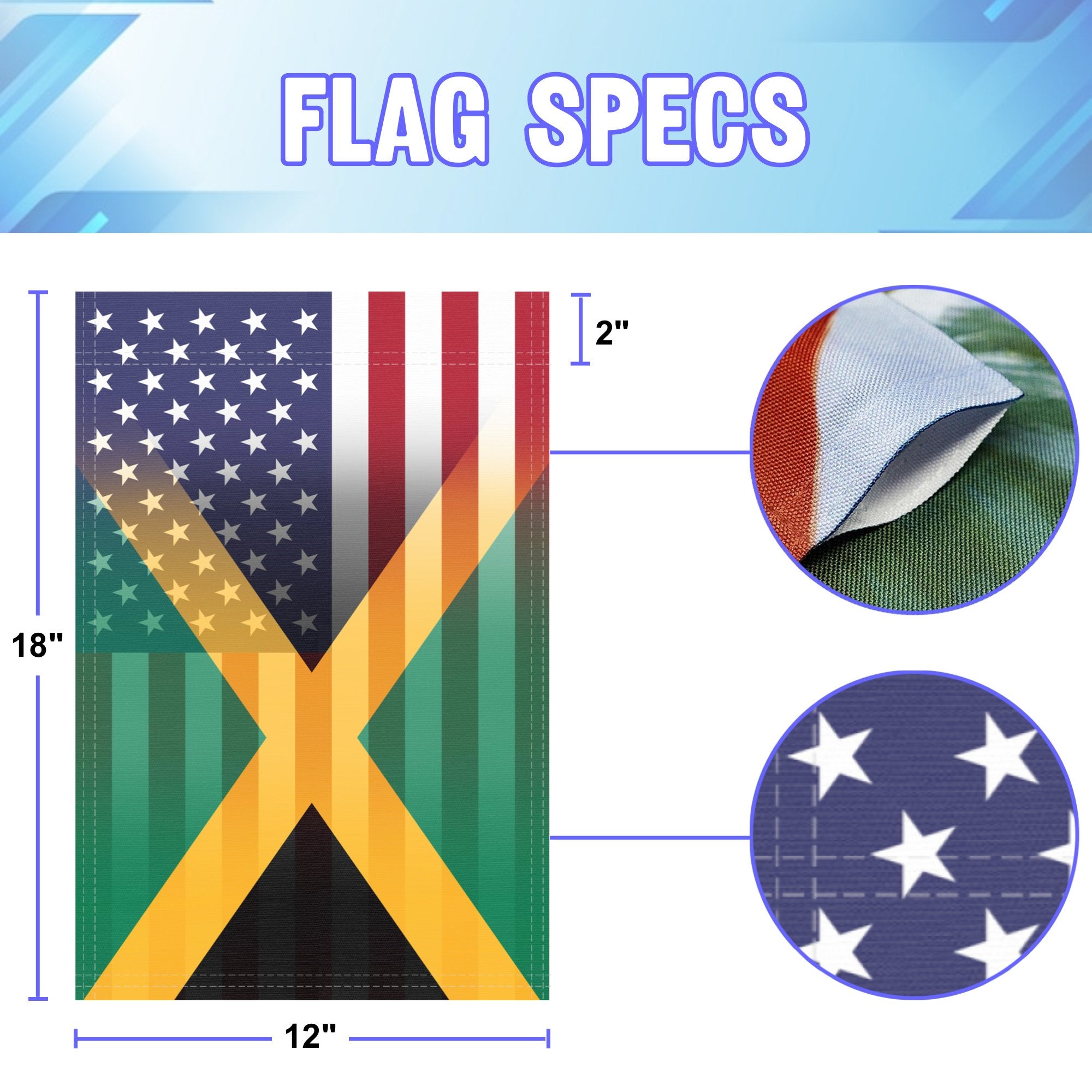 12 inch by 18 inch size specifications of a garden flag with the Jamaican American flag design seamlessly blended with the American flag.