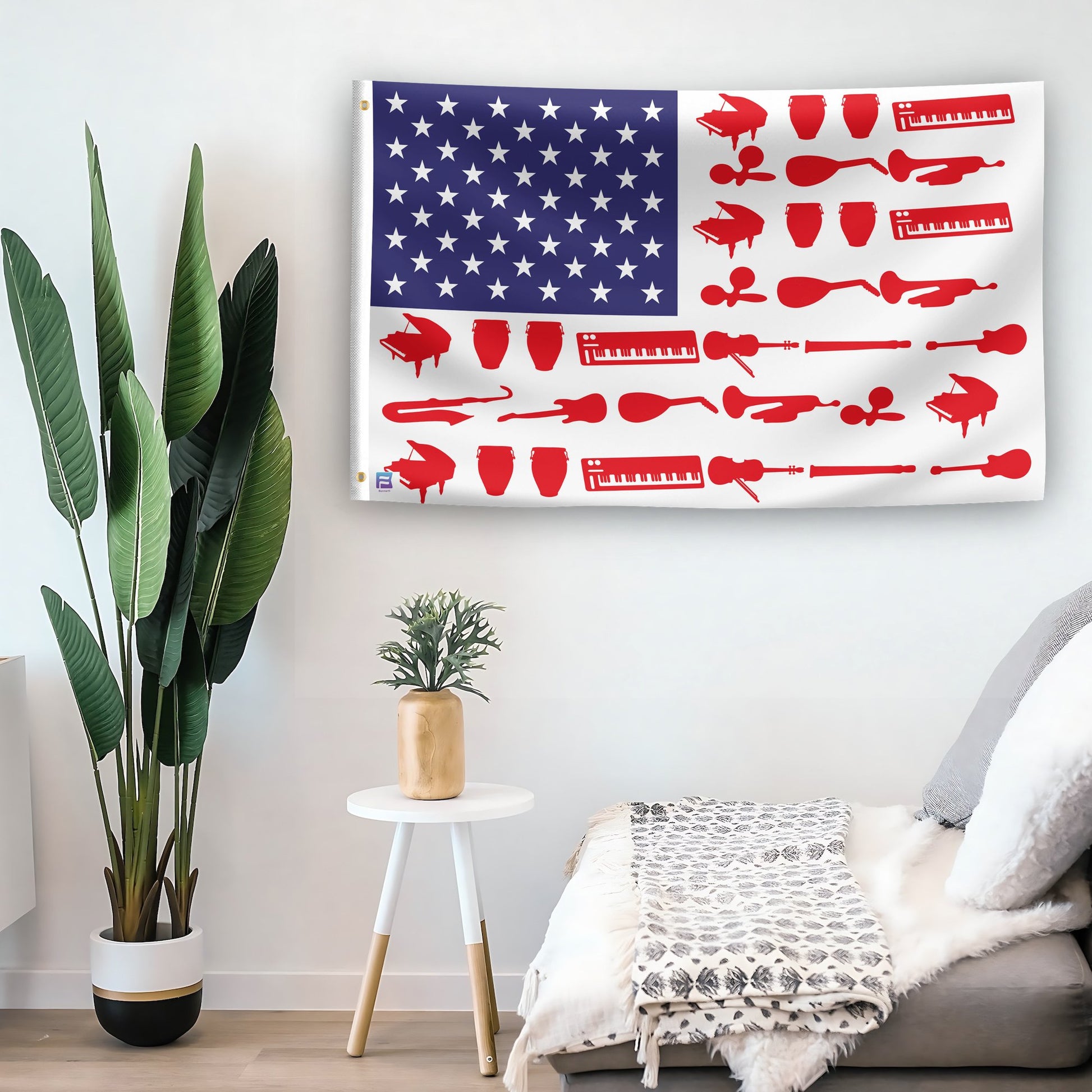 In a home setting, an american flag with the theme "Musical Instruments Stripes American" is mounted on a white wall by a side table.