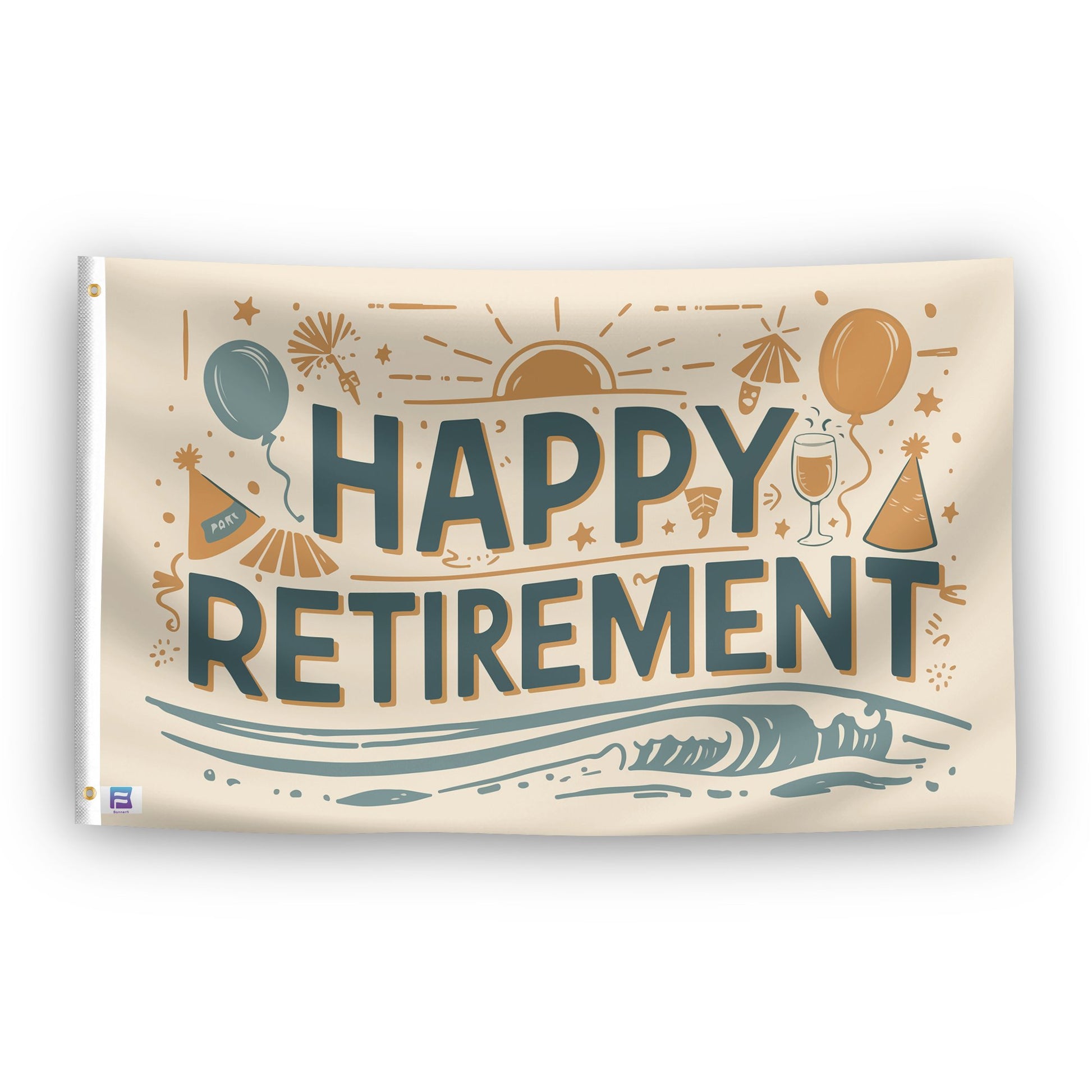 A flag with the saying "Happy Retirement", with a special occasion color scheme.