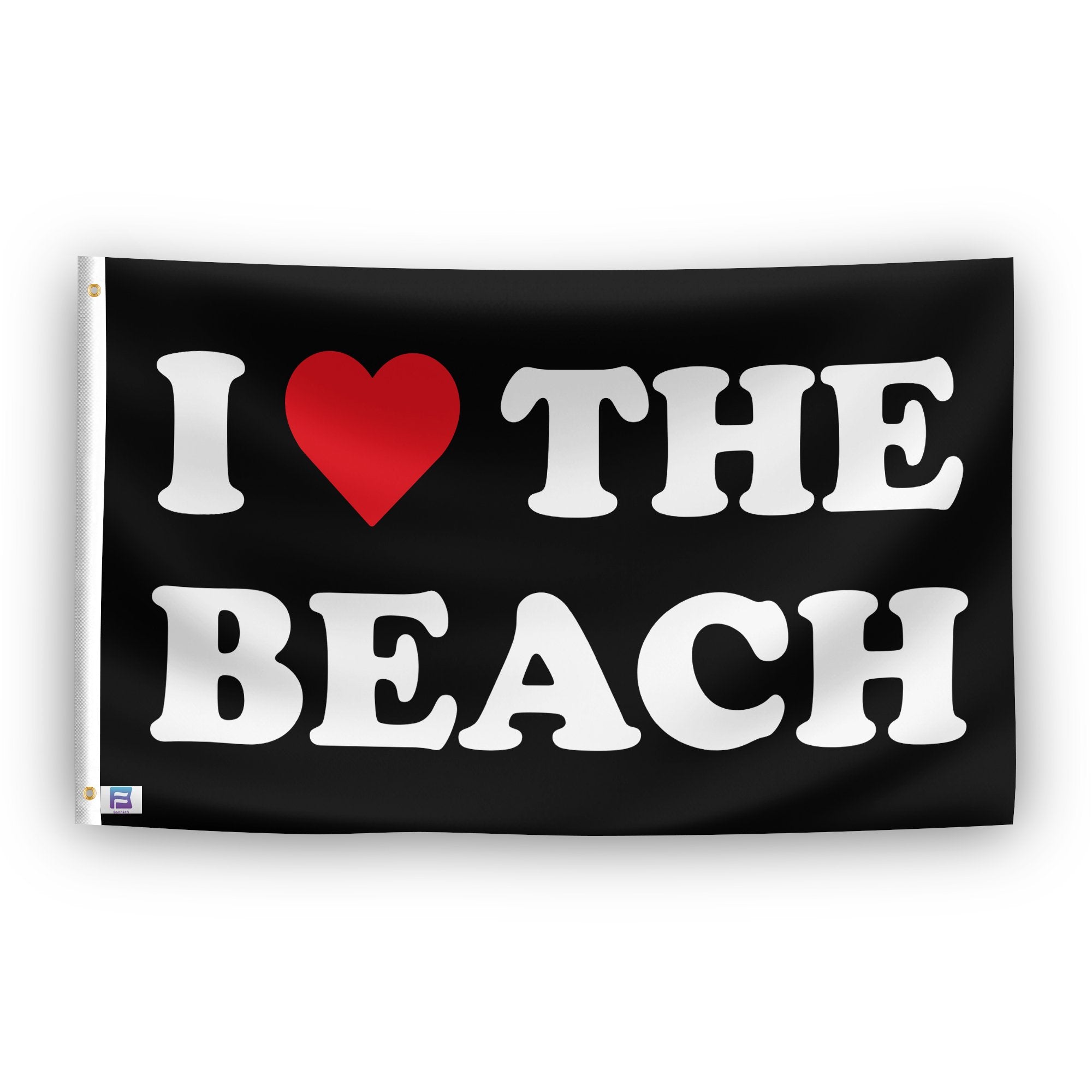 A flag with the saying "I Love The Beach", with a black, white and red color scheme.